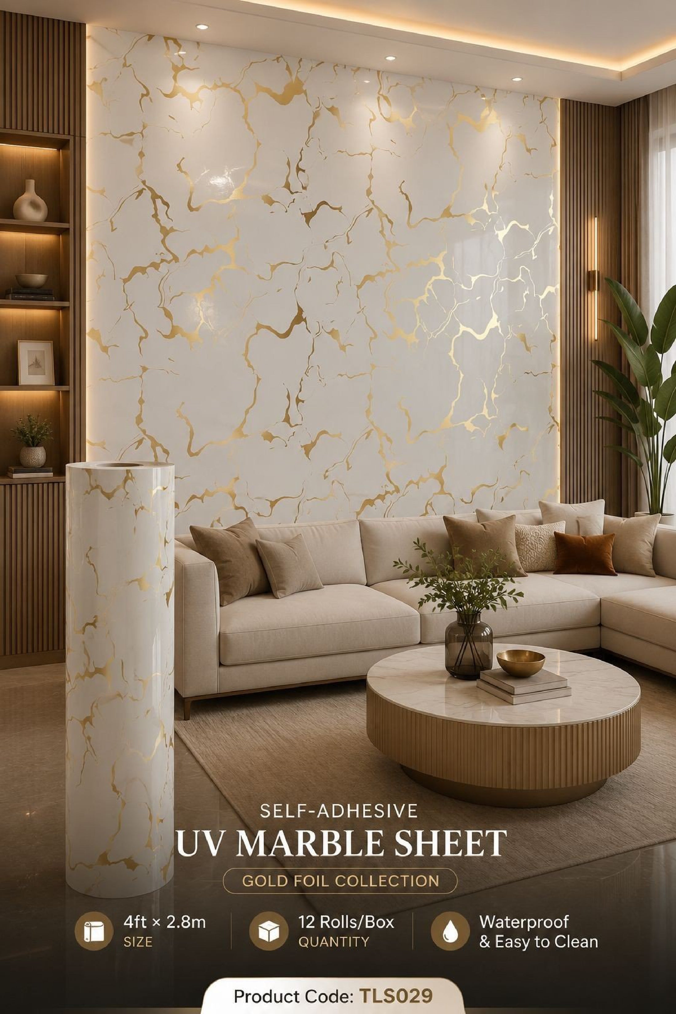 Gold Foil UV Marble Sheets (size 10 x 4 Feet) TLS029