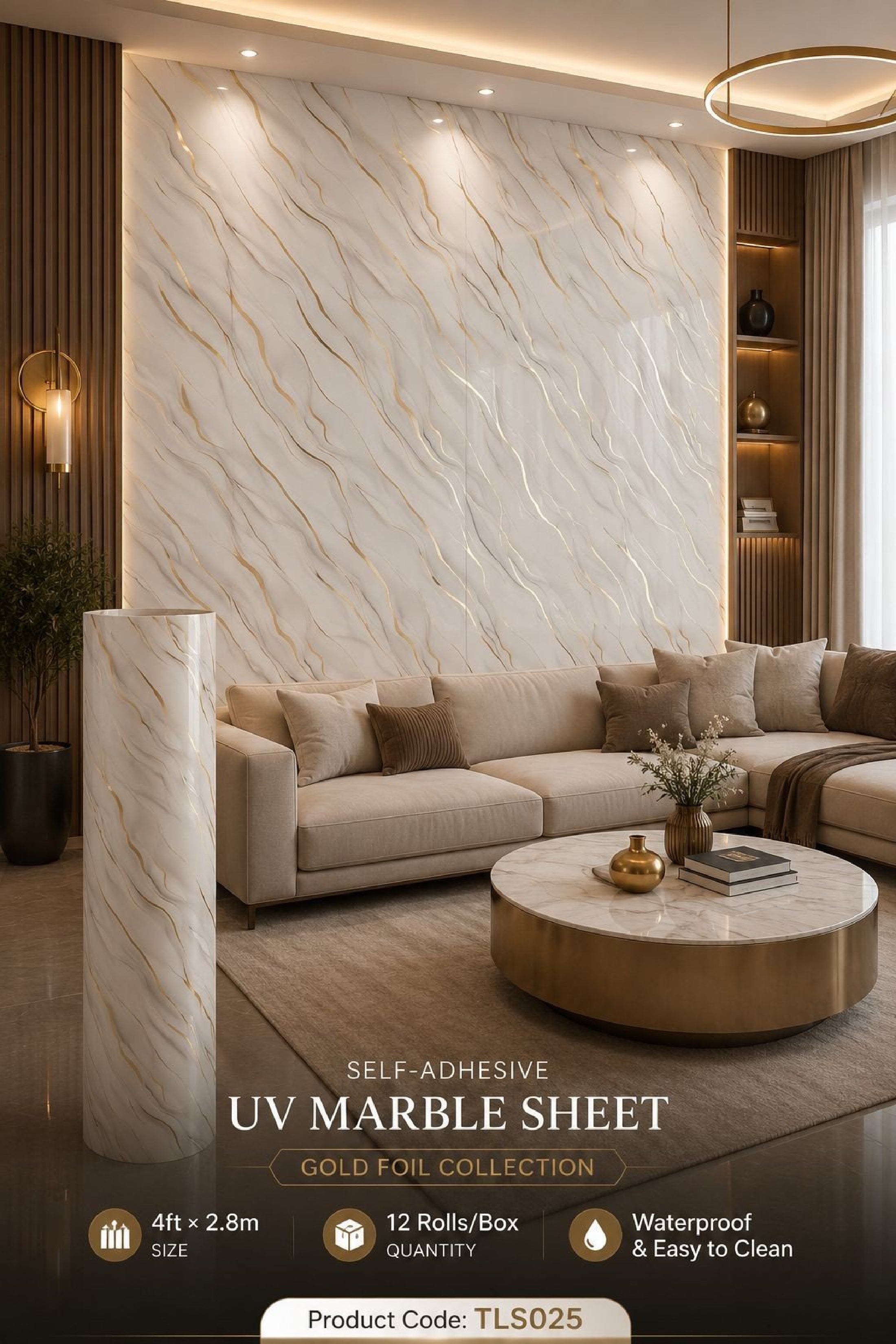 Gold Foil UV Marble Sheets (size 10 x 4 Feet) TLS025