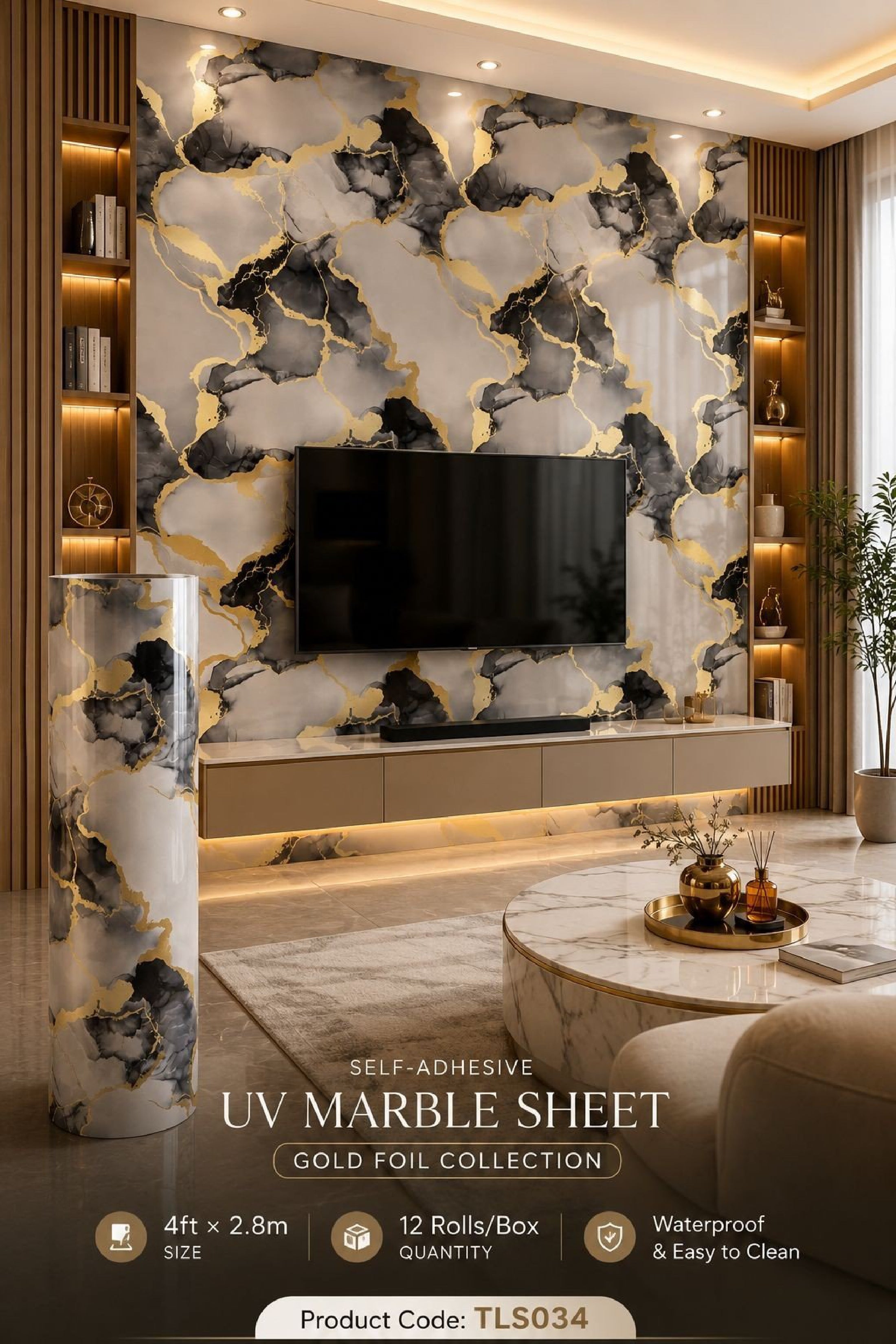Gold Foil UV Marble Sheets (size 10 x 4 Feet) TLS034