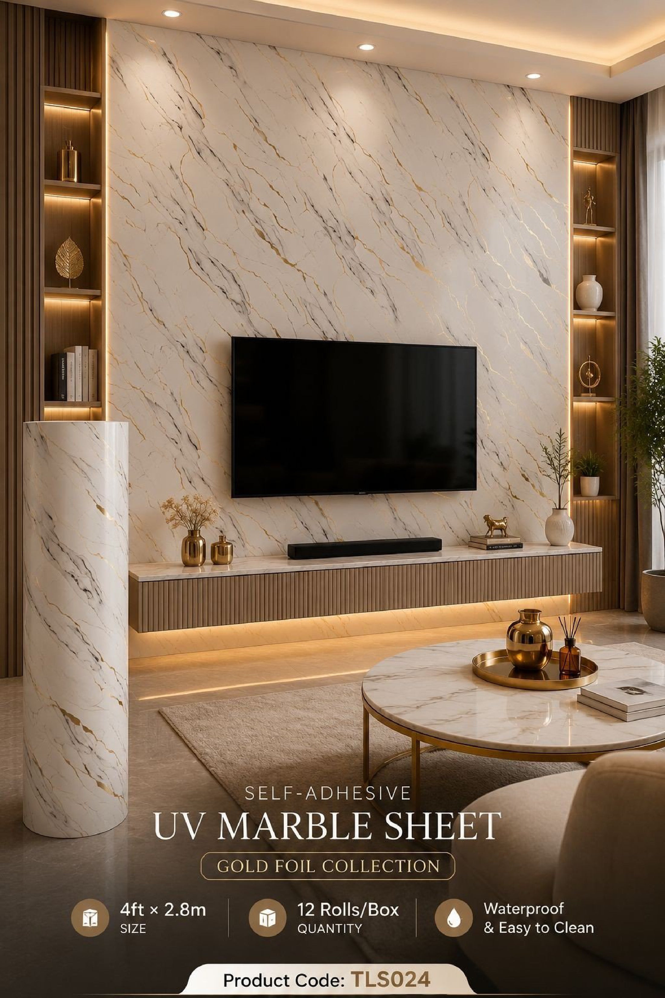Gold Foil UV Marble Sheets (size 10 x 4 Feet) TLS024