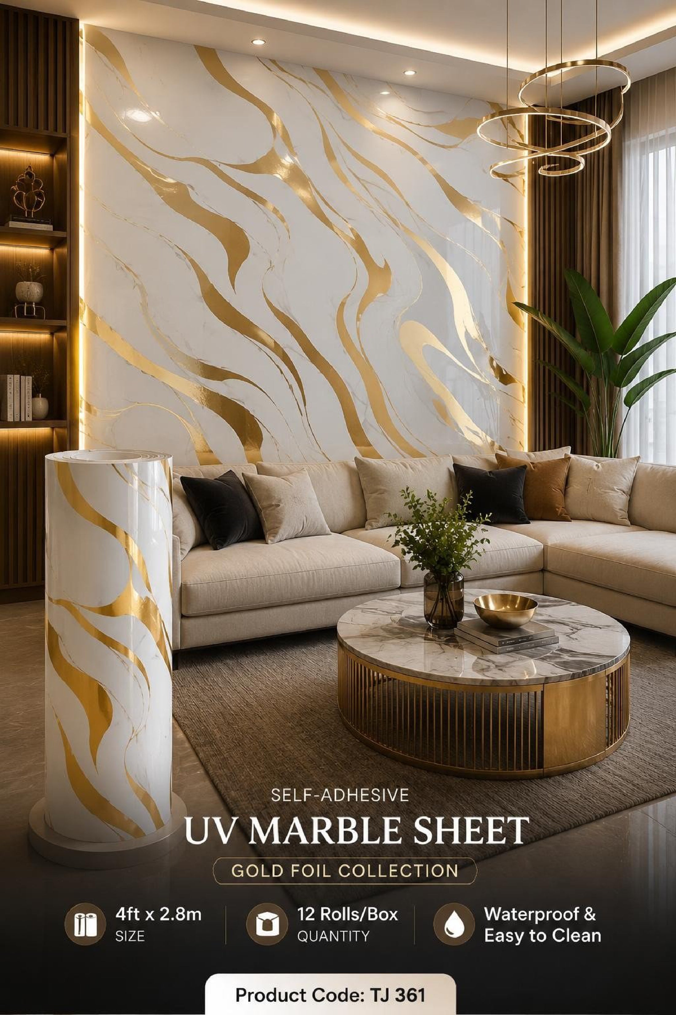 Gold Foil UV Marble Sheets (size 10 x 4 Feet) TJ 361