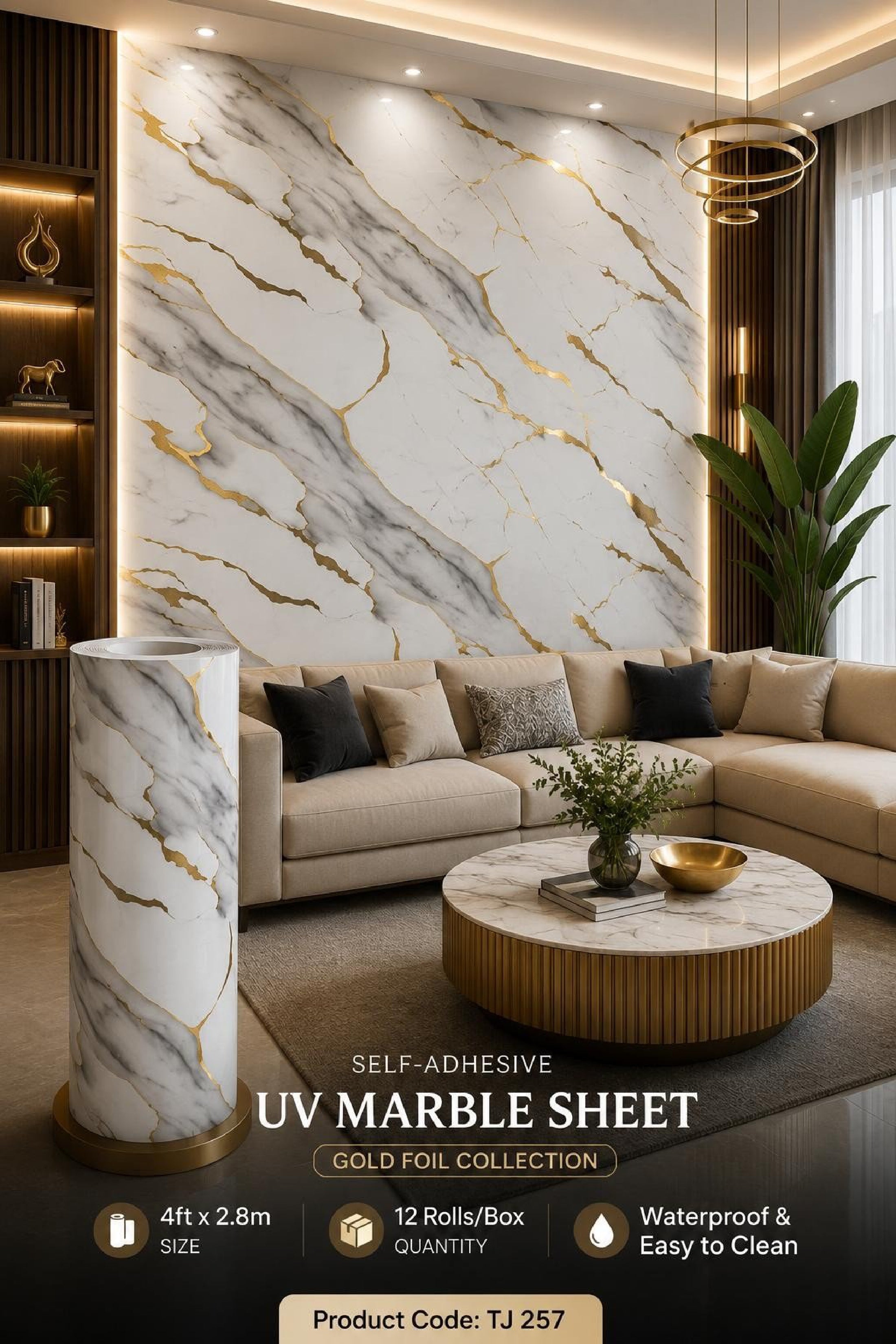 Gold Foil UV Marble Sheets (size 10 x 4 Feet) TJ 257