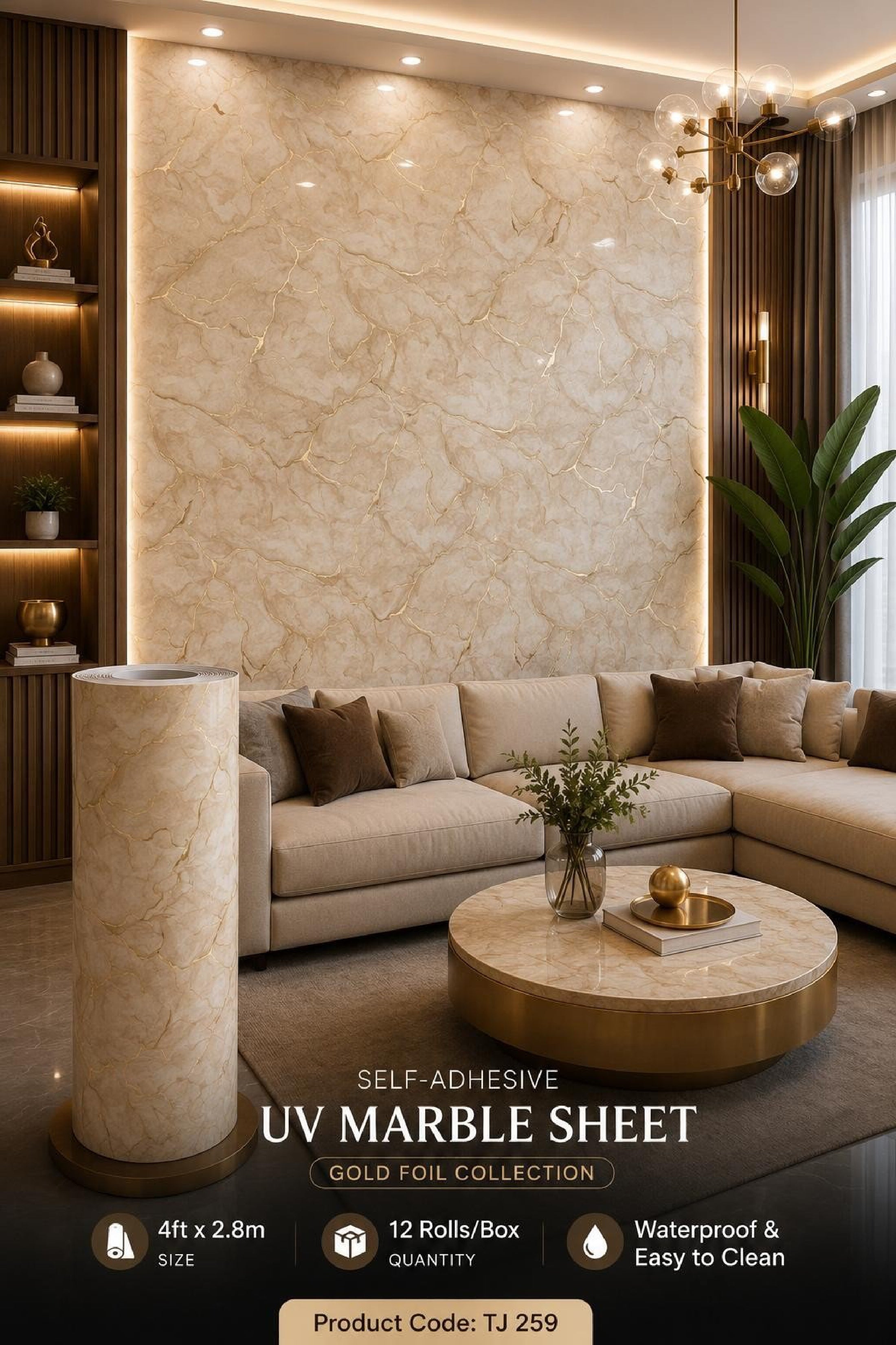 Gold Foil UV Marble Sheets (size 10 x 4 Feet) TJ 259