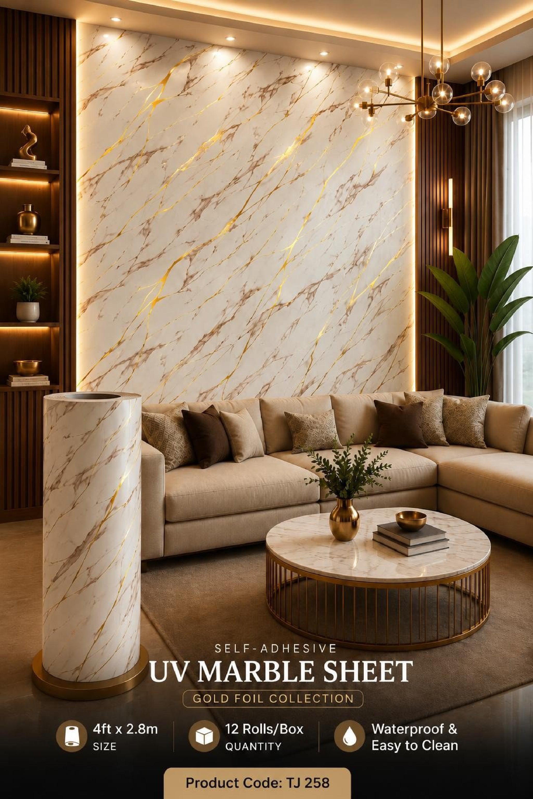 Gold Foil UV Marble Sheets (size 10 x 4 Feet) TJ 258