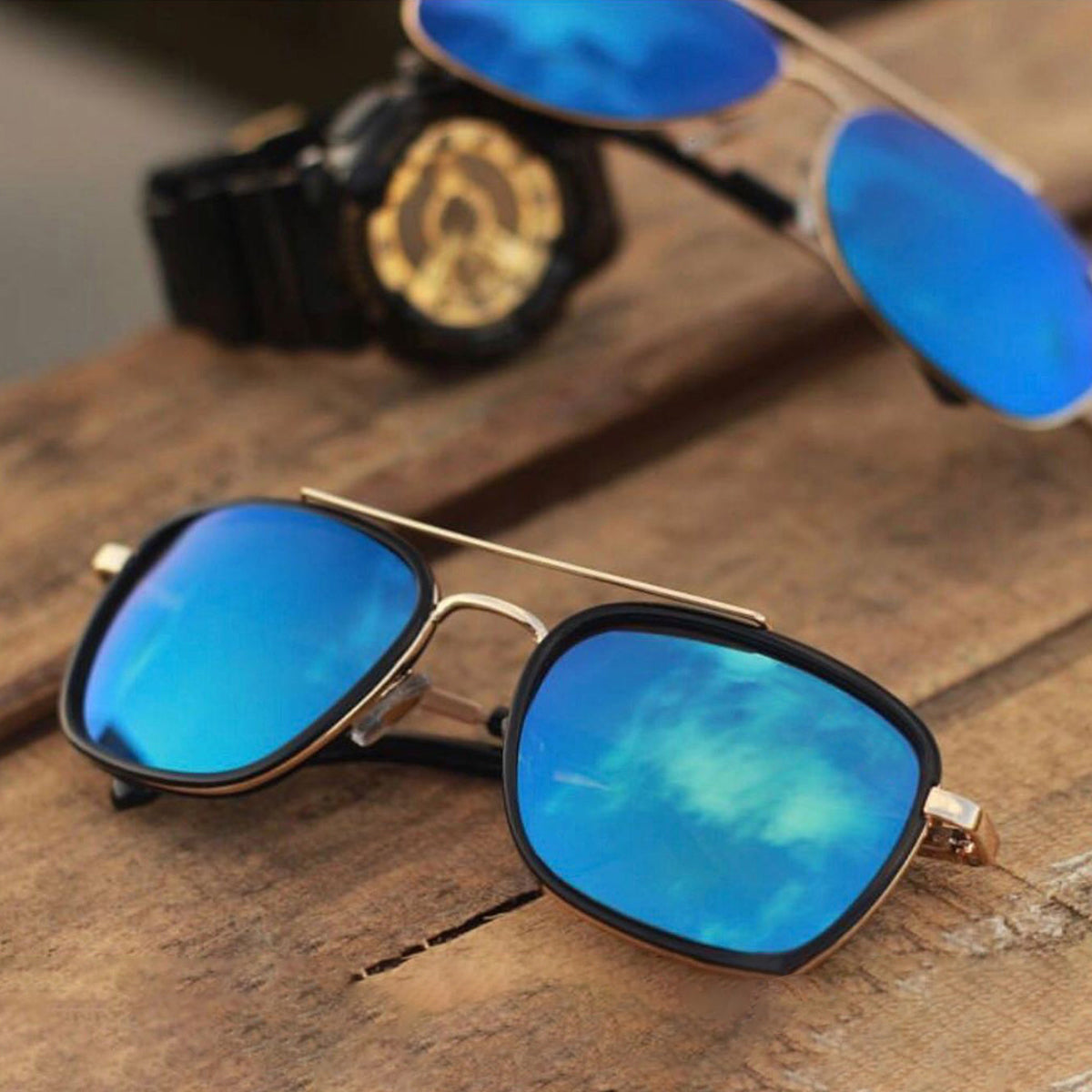 Aqua Blue HUMBLEE Square Sunglasses (SUN-LC-0652-AQB3GLD-LARGE) - SWASTIK CREATIONS The Trend Point SWASTIK CREATIONS The Trend Point