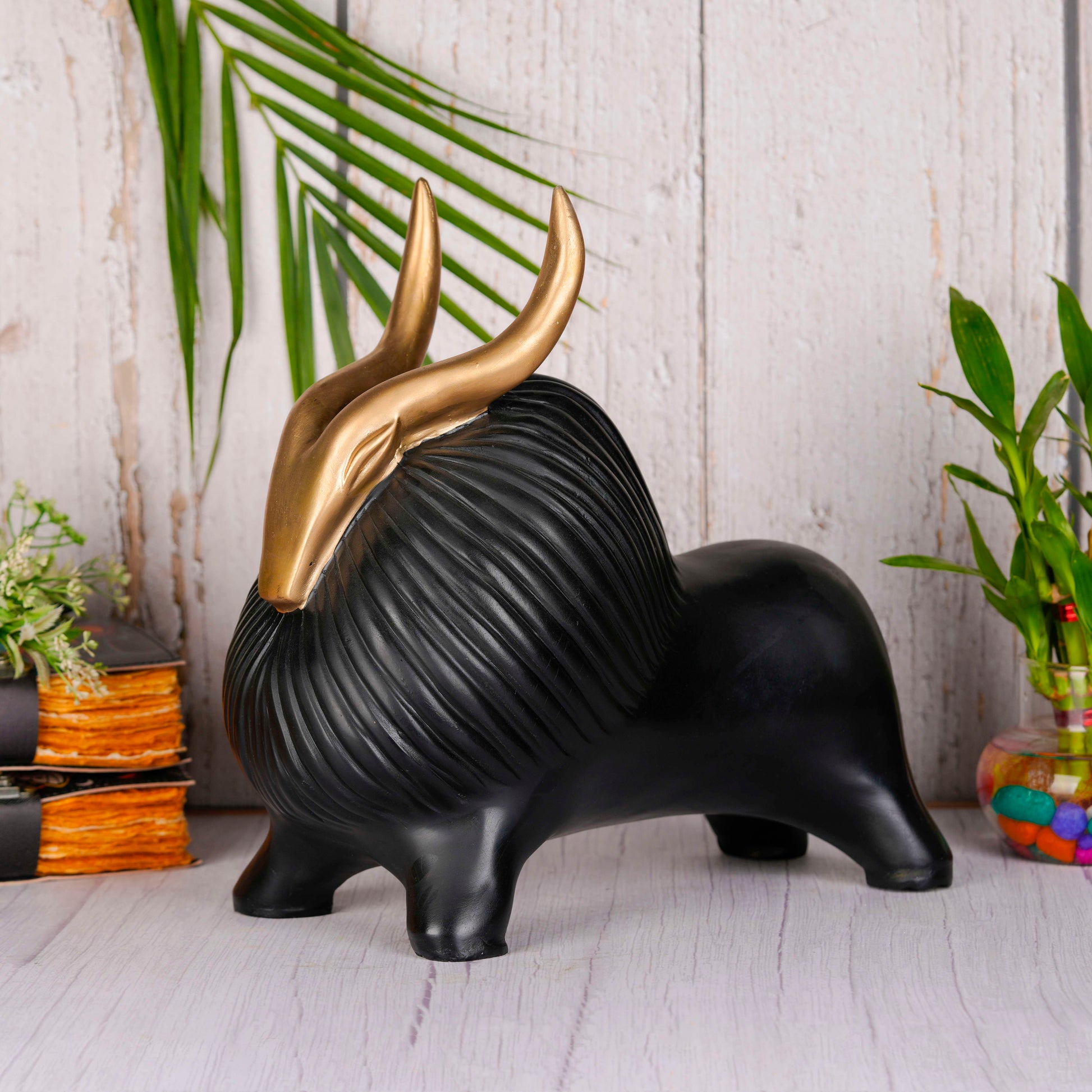 Swastik Creations Black Yak Figurine with Golden Horns | Elegant Resin Animal Showpiece for Home & Office Decor