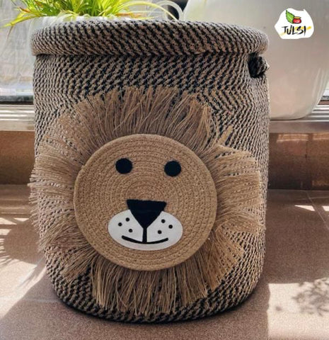 Laundary storage jute cotton woven basket with cap - SWASTIK CREATIONS The Trend Point