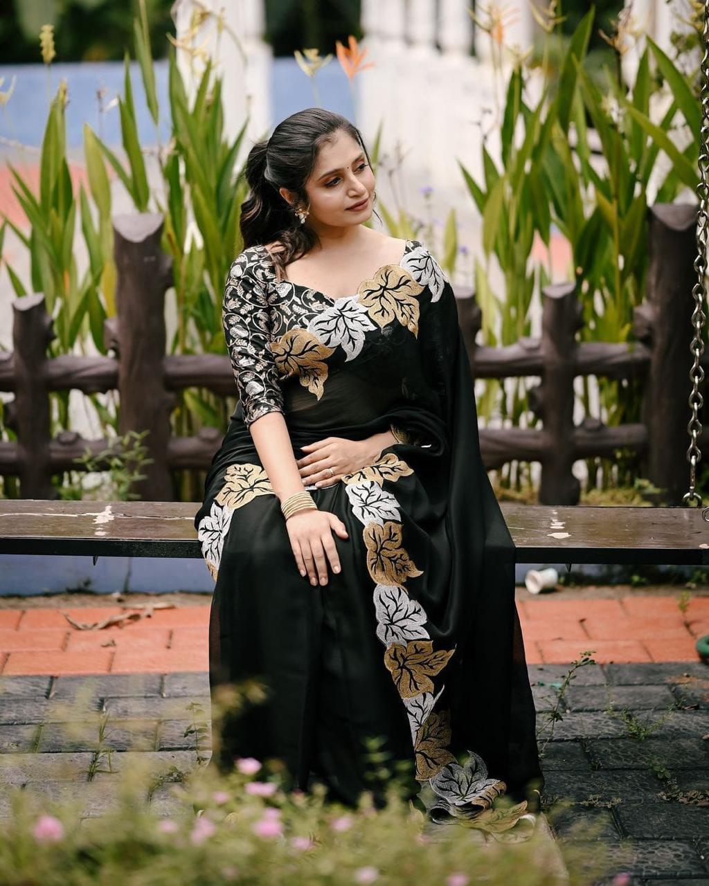 Soft sartin chiffon Black saree with leaf design - KESH387 ATL 07