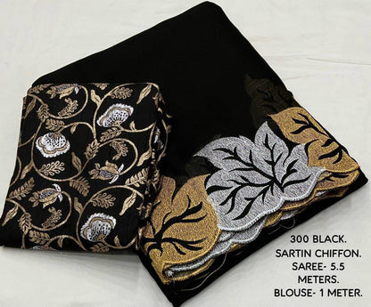 Soft sartin chiffon Black saree with leaf design - KESH387 ATL 07