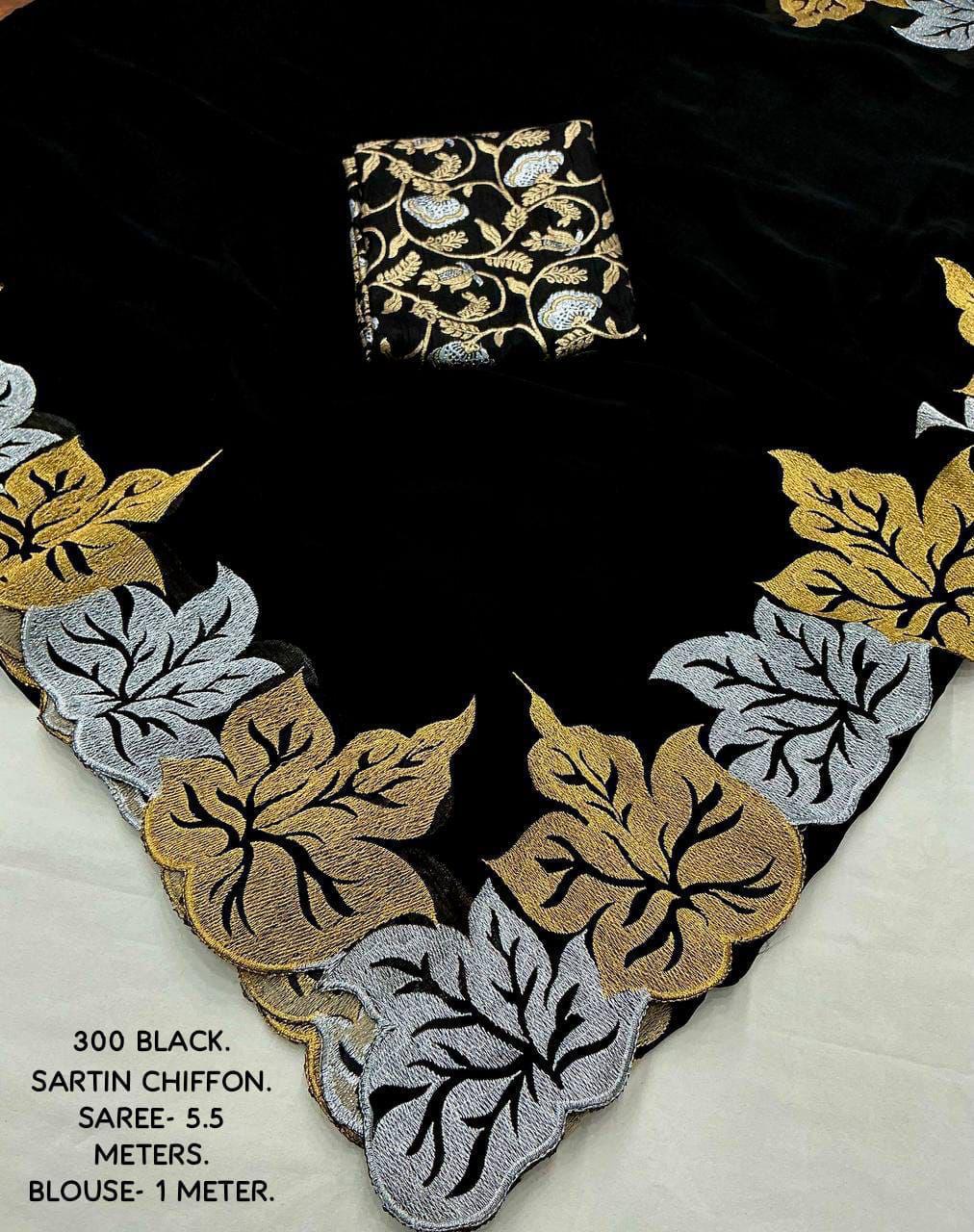 Soft sartin chiffon Black saree with leaf design - KESH387 ATL 07