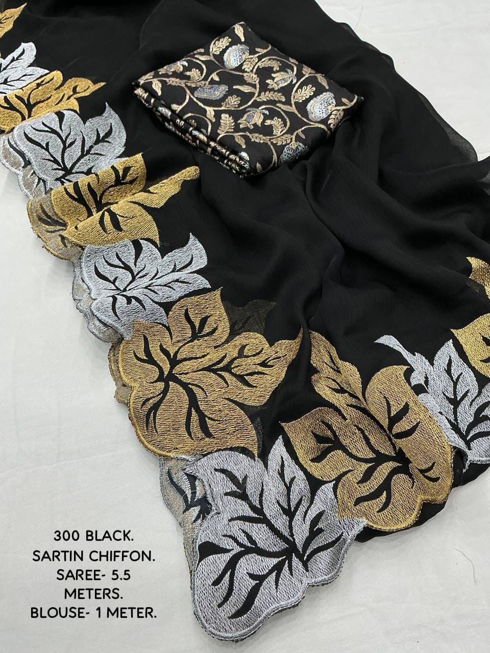 Soft sartin chiffon Black saree with leaf design - KESH387 ATL 07