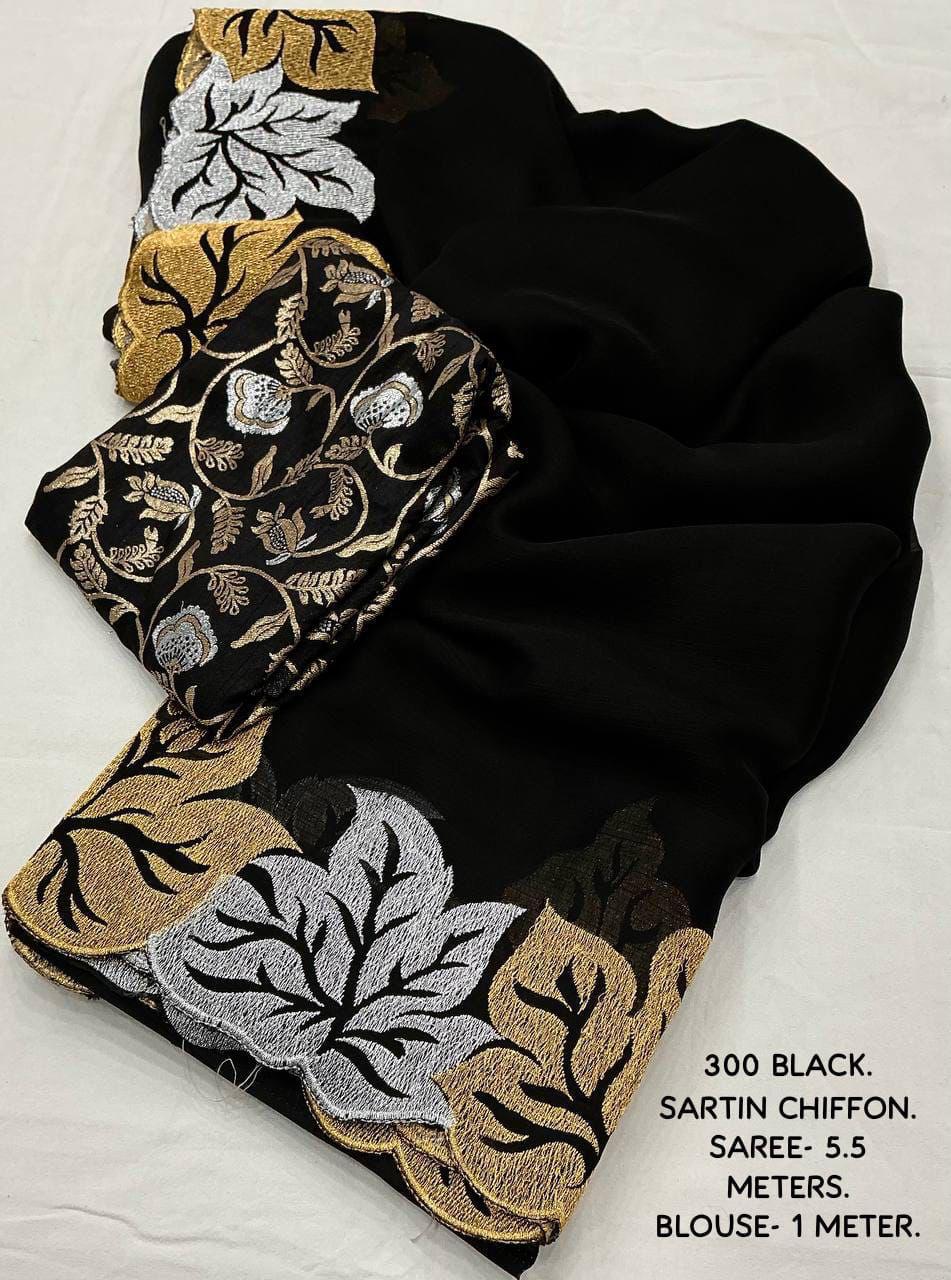 Soft sartin chiffon Black saree with leaf design - KESH387 ATL 07