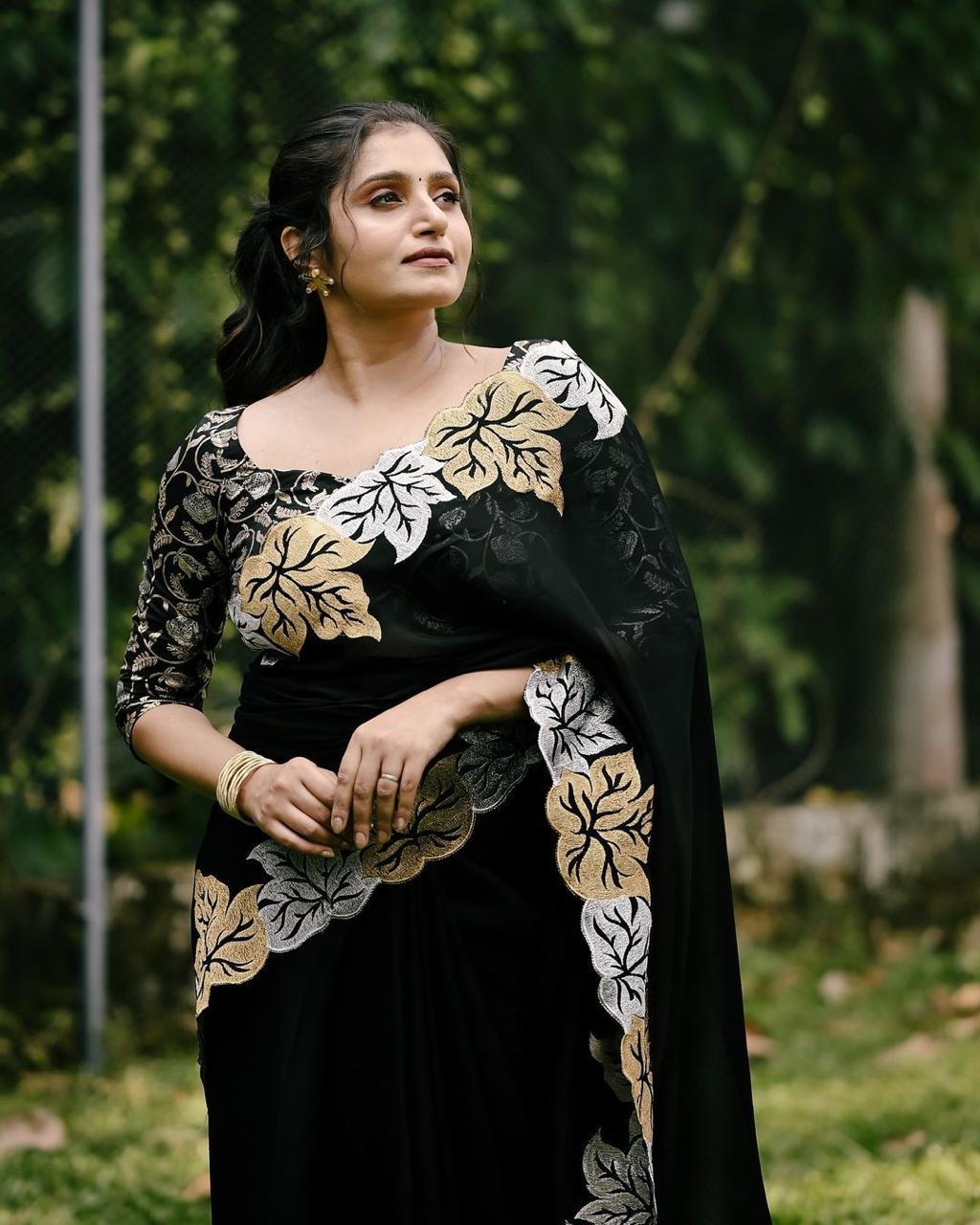 Soft sartin chiffon Black saree with leaf design - KESH387 ATL 07