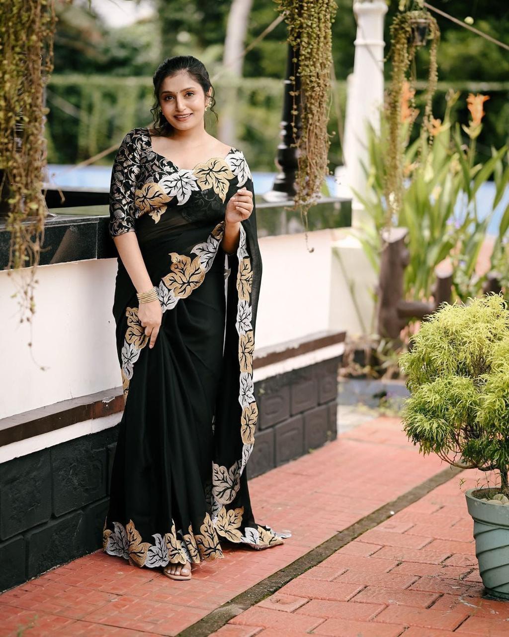 Soft sartin chiffon Black saree with leaf design - KESH387 ATL 07