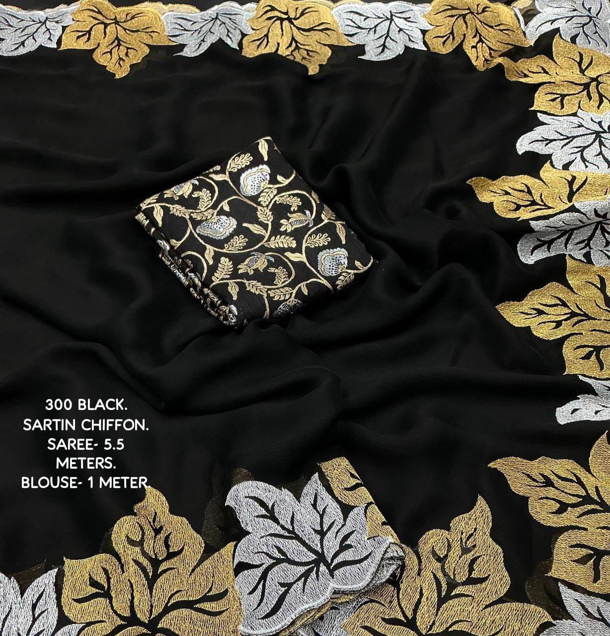 Soft sartin chiffon Black saree with leaf design - KESH387 ATL 07