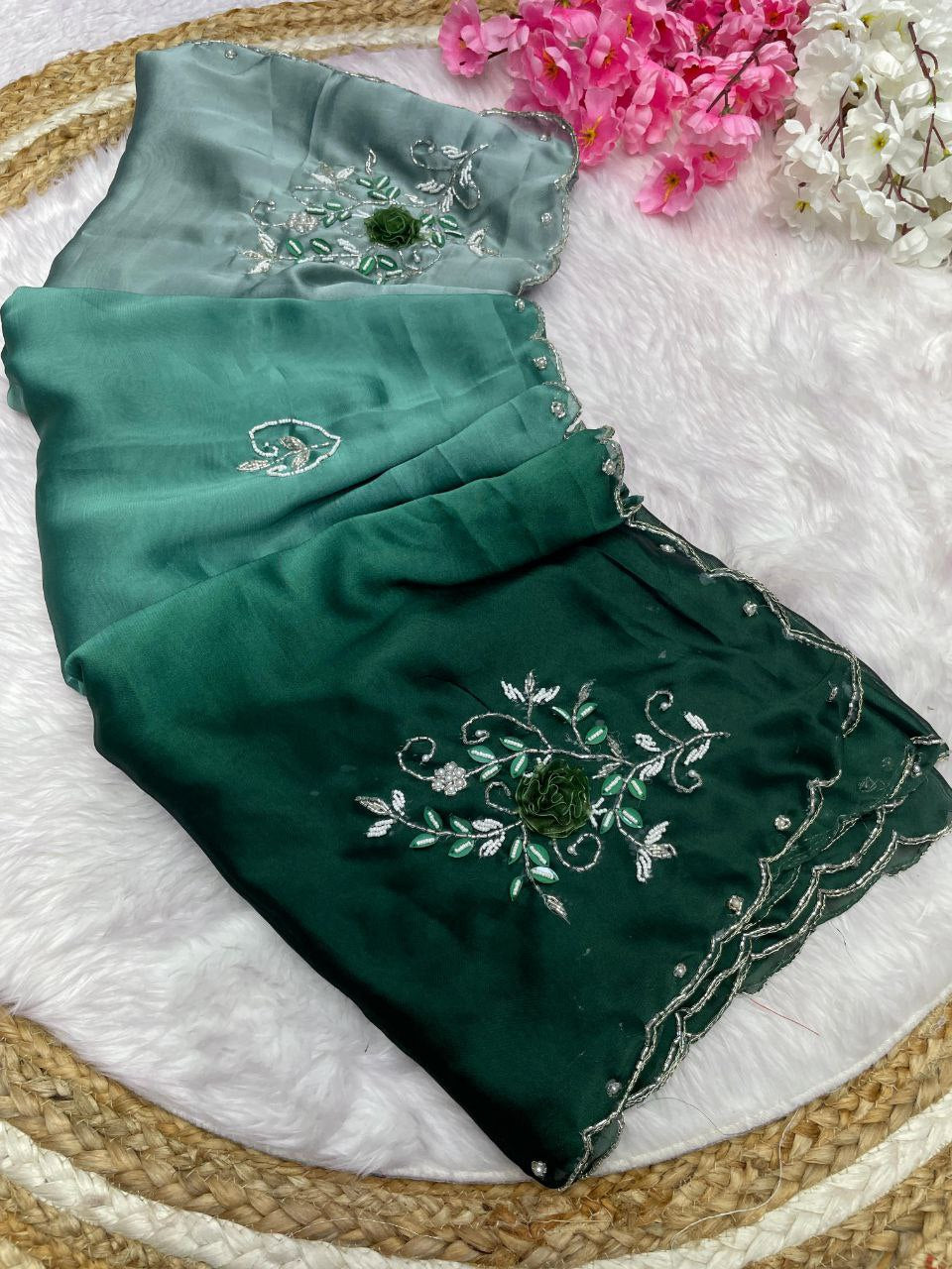 Pure Soft Rangoli Silk Handwork Khatli Butta and Cutdana Aarco Border Saree (RIN143 442) SWASTIK CREATIONS The Trend Point