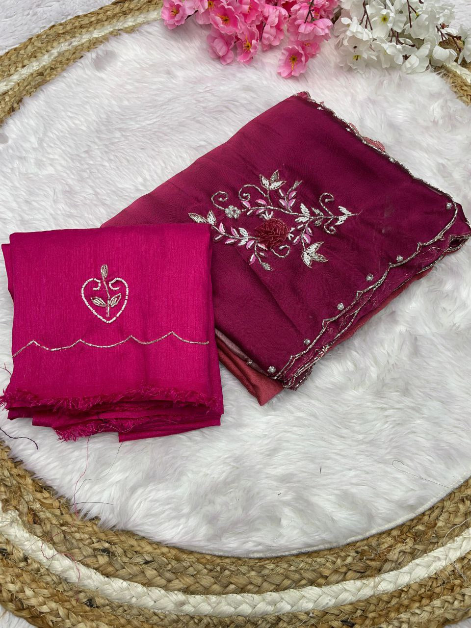 Pure Soft Rangoli Silk Handwork Khatli Butta and Cutdana Aarco Border Saree (RIN143 442) SWASTIK CREATIONS The Trend Point