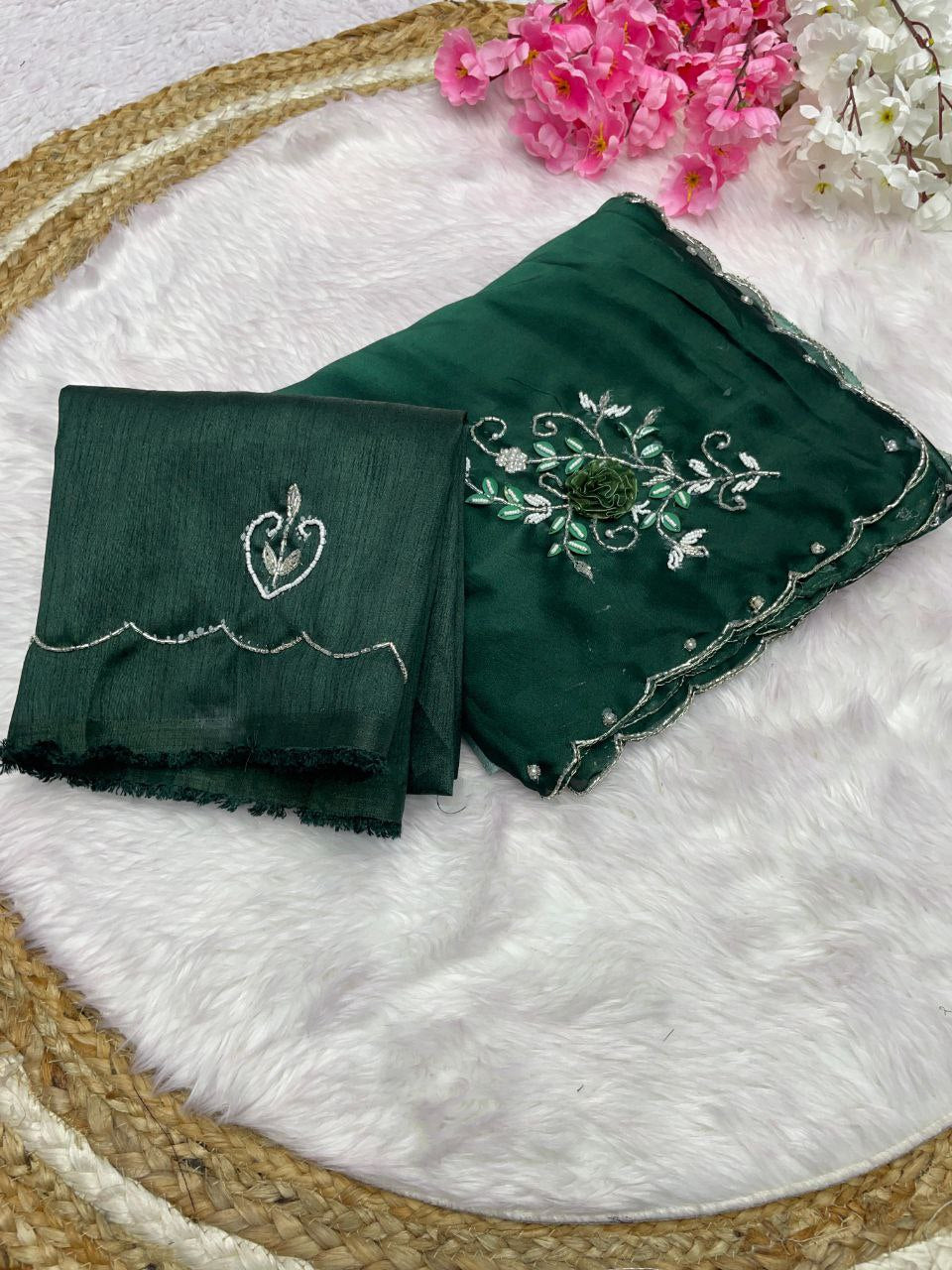 Pure Soft Rangoli Silk Handwork Khatli Butta and Cutdana Aarco Border Saree (RIN143 442) SWASTIK CREATIONS The Trend Point