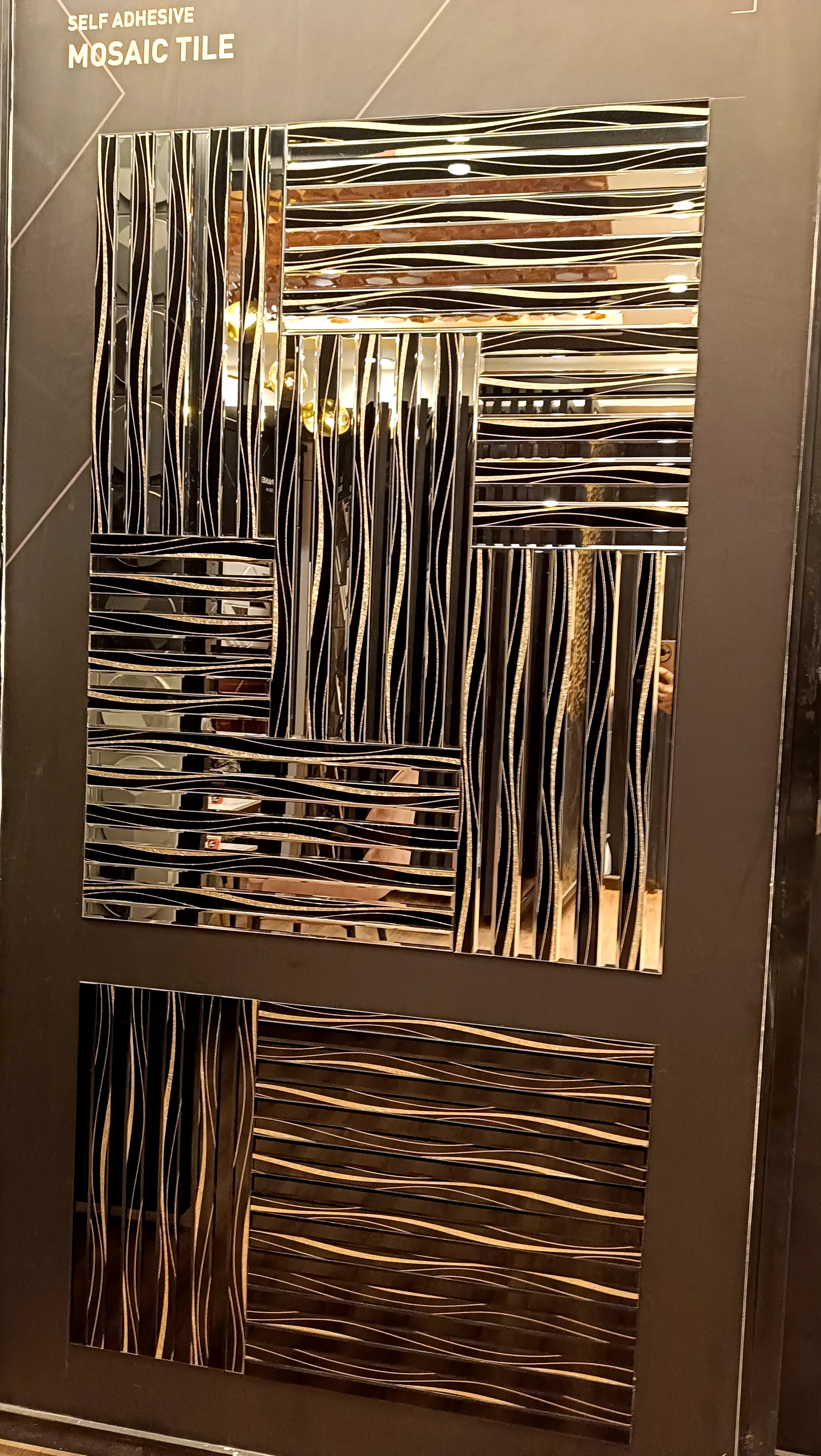 MtStrip3-Self adhesive Mosaic Black Gold Fluted Mirror Panels (Min 12PCS) (Size 12x24 inches)
