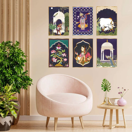 CH-GD6-3 Set of Six Wall Paintings for Wall Decoration Golden Framed Wall Paintings for Living Room & Bedroom Wall Art for Home Decoration & Office Wall Décor