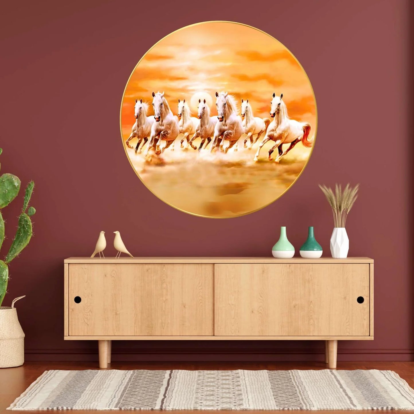 CH-RHS1 Golden Seven Running Horses Wall Painting with Sparkle Glossy Round Golden Framed Large Painting Office, Living Room, Bedroom, Home Decoration SWASTIK CREATIONS The Trend Point