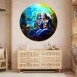 CH-RKR13 Radha Krishna Flute Wall Painting with Frame Sparkle Glossy Round Golden Framed Large Painting Office, Living Room, Bedroom, Home Decoration