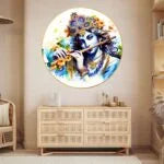 CH-RKR20 Hare Krishna: The Divine Call Painting with Frame Sparkle Glossy Round Golden Framed Large Painting Office, Living Room, Bedroom, Home Decoration