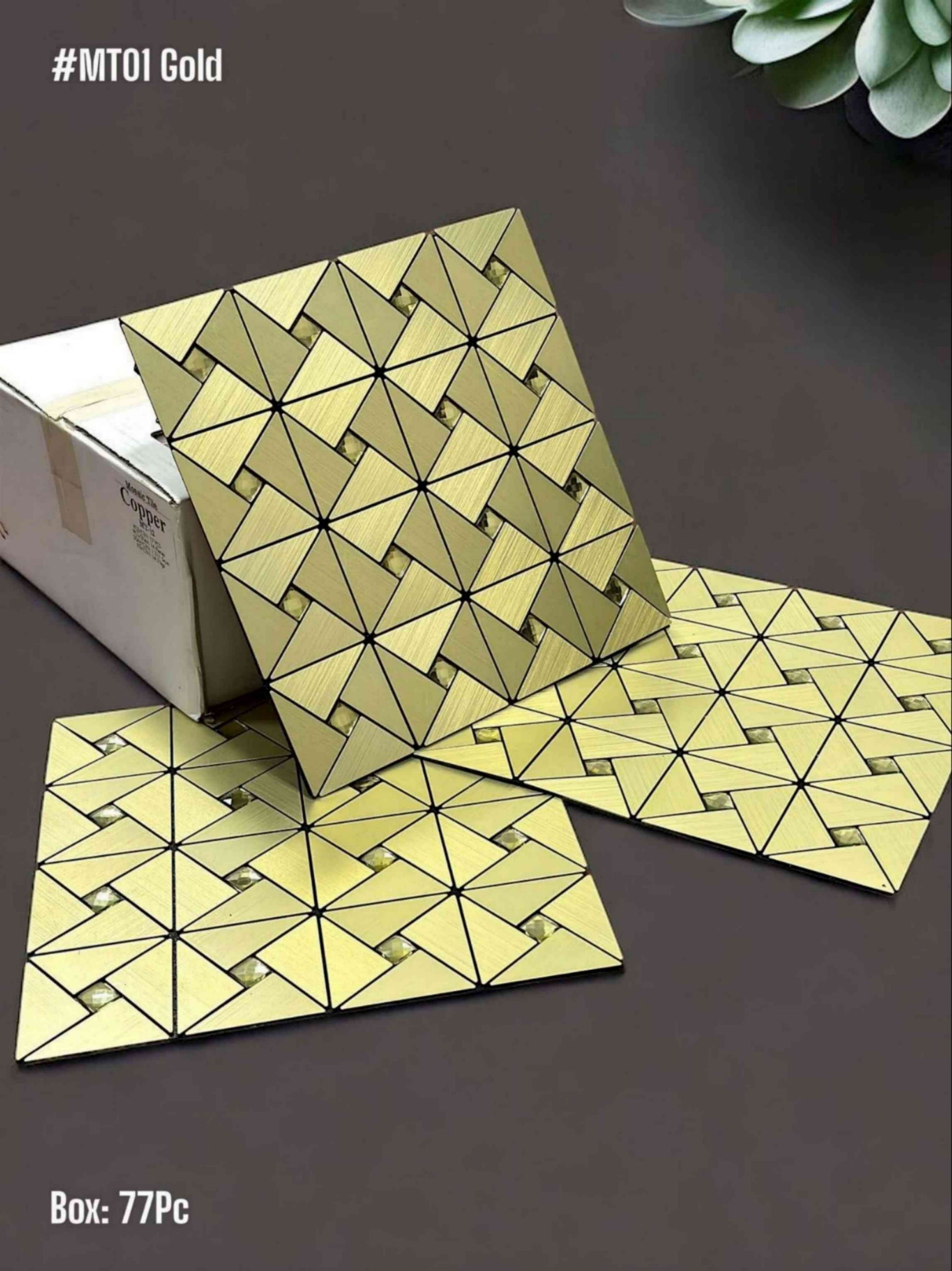 #MT01 Golden Decorative Glass Mosaic Tile (1 Box of 77Pcs) (1 Tile Coverage Area 1 Sq Ft) - SWASTIK CREATIONS The Trend Point