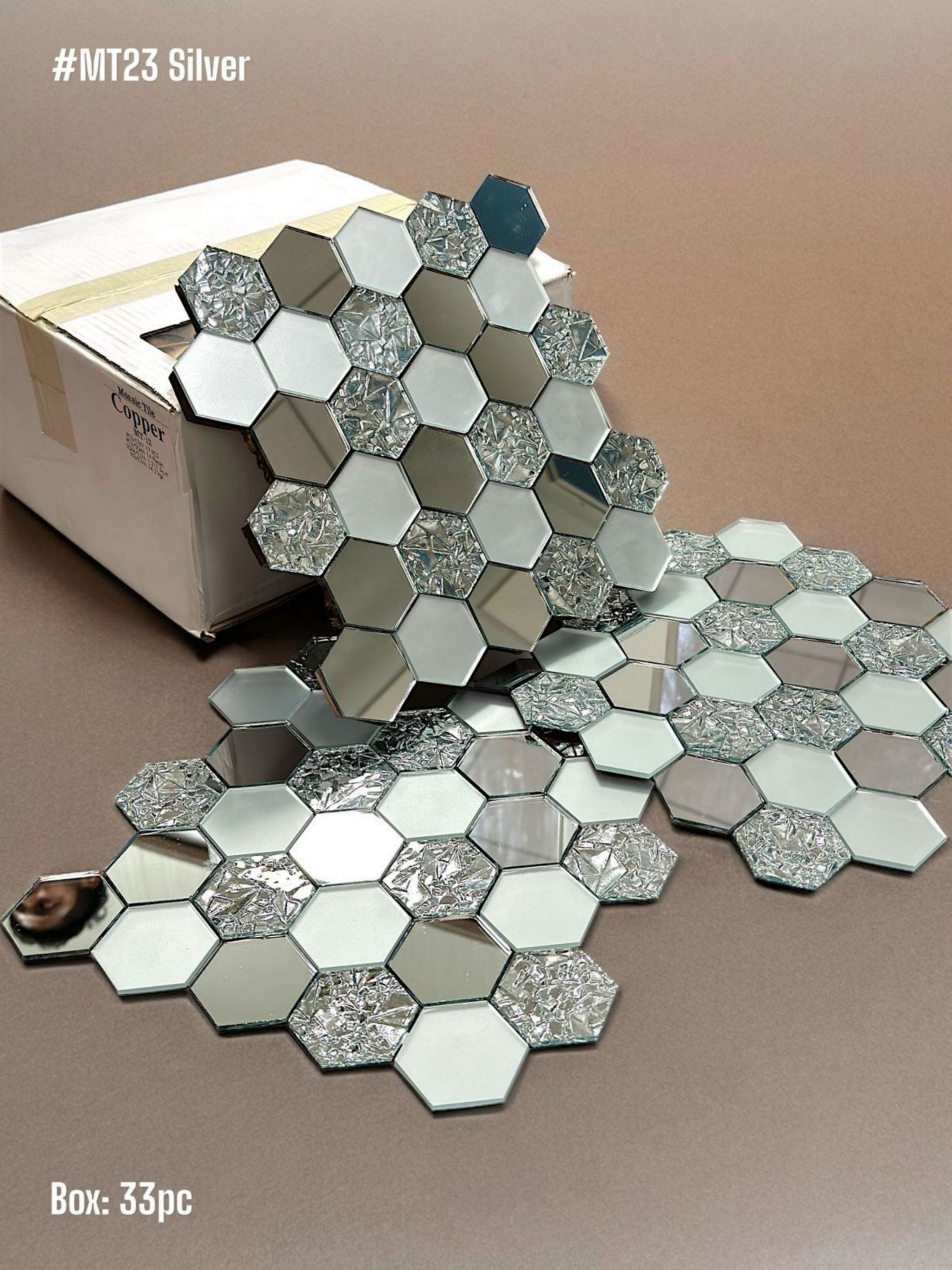 #MT23 Silver Hexagon Glass Mosaic Tile (Box of 33pc) (1 Tile Coverage Area 0.8 Sq Ft) - SWASTIK CREATIONS The Trend Point
