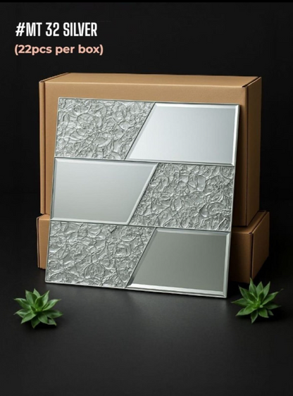 #MT32 SILVER Exclusive Mirror Glass Mosaic Tile Silver (22 pcs per box) - SWASTIK CREATIONS The Trend Point