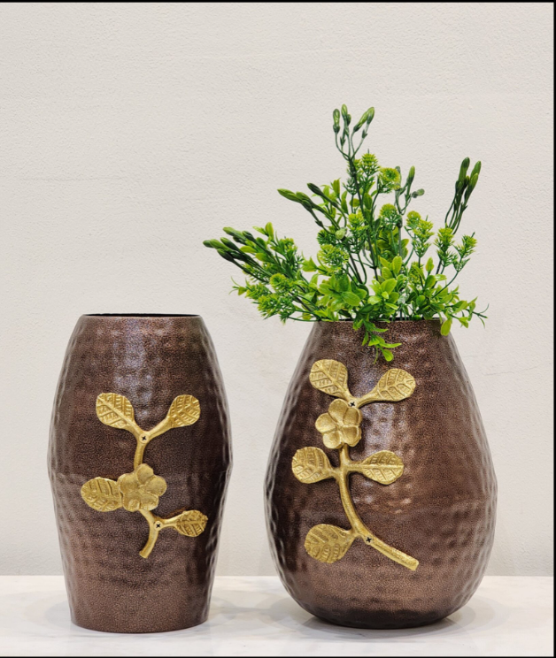 Metal Crafted Brown Table Top Vases | Set of 2 - SWASTIK CREATIONS The Trend Point