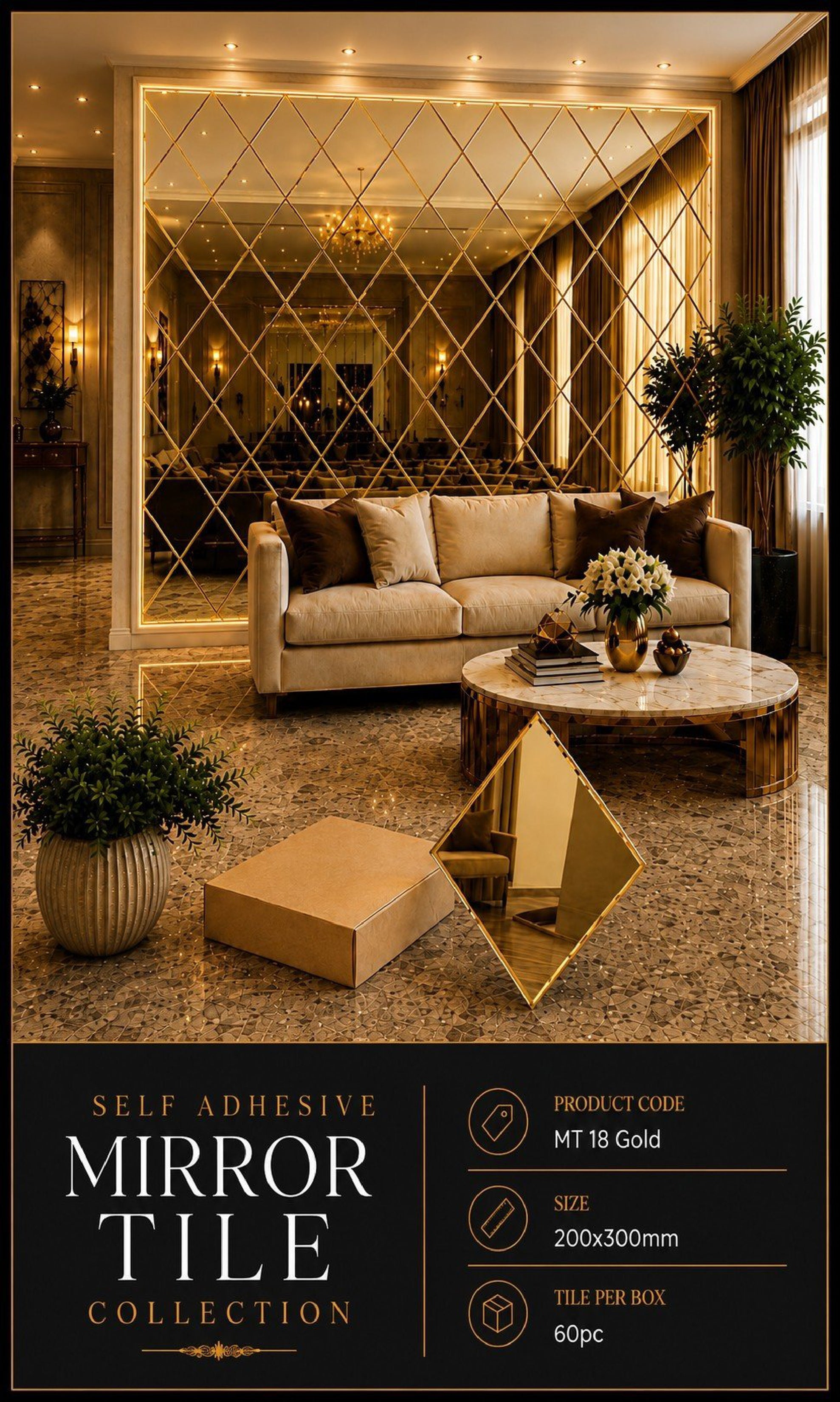 #MT18 Gold Self Adhesive Glass Mosaic Mirror Tile (Box of 60pcs) (1 Tile Coverage Area 0.6 Sq Ft)