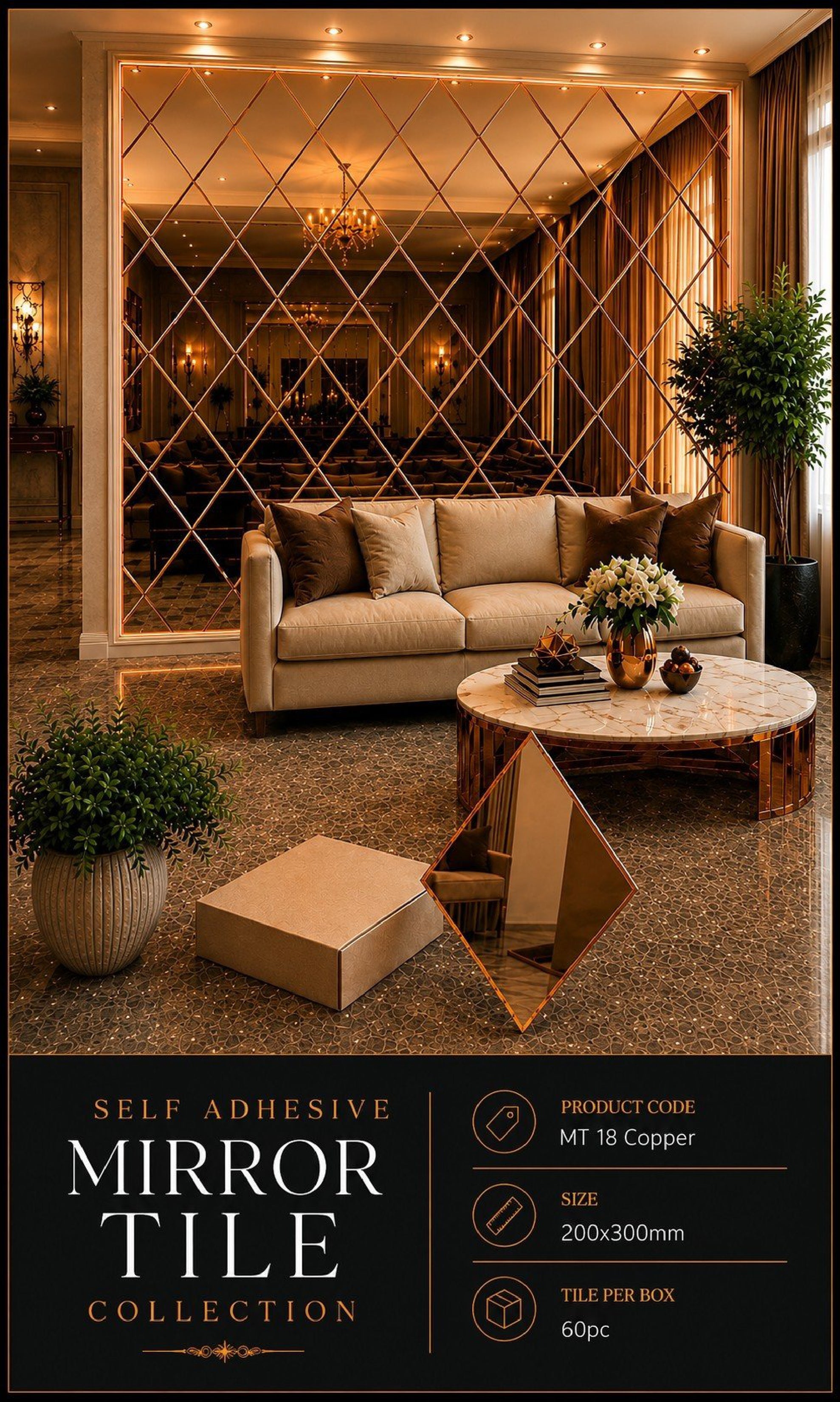 #MT18 Copper Self Adhesive Glass Mosaic Mirror Tile (Box of 60pcs) (1 Tile Coverage Area 0.6 Sq Ft)