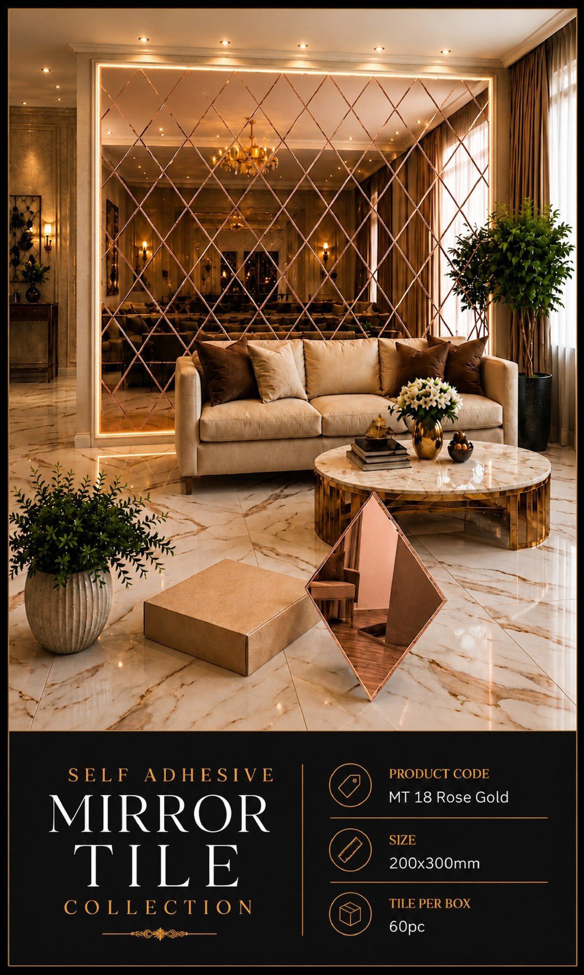 #MT18 Rose Gold Self Adhesive Glass Mosaic Mirror Tile (1 Box of 60pcs) (1 Tile Coverage Area 0.6 Sq Ft) (Copy)