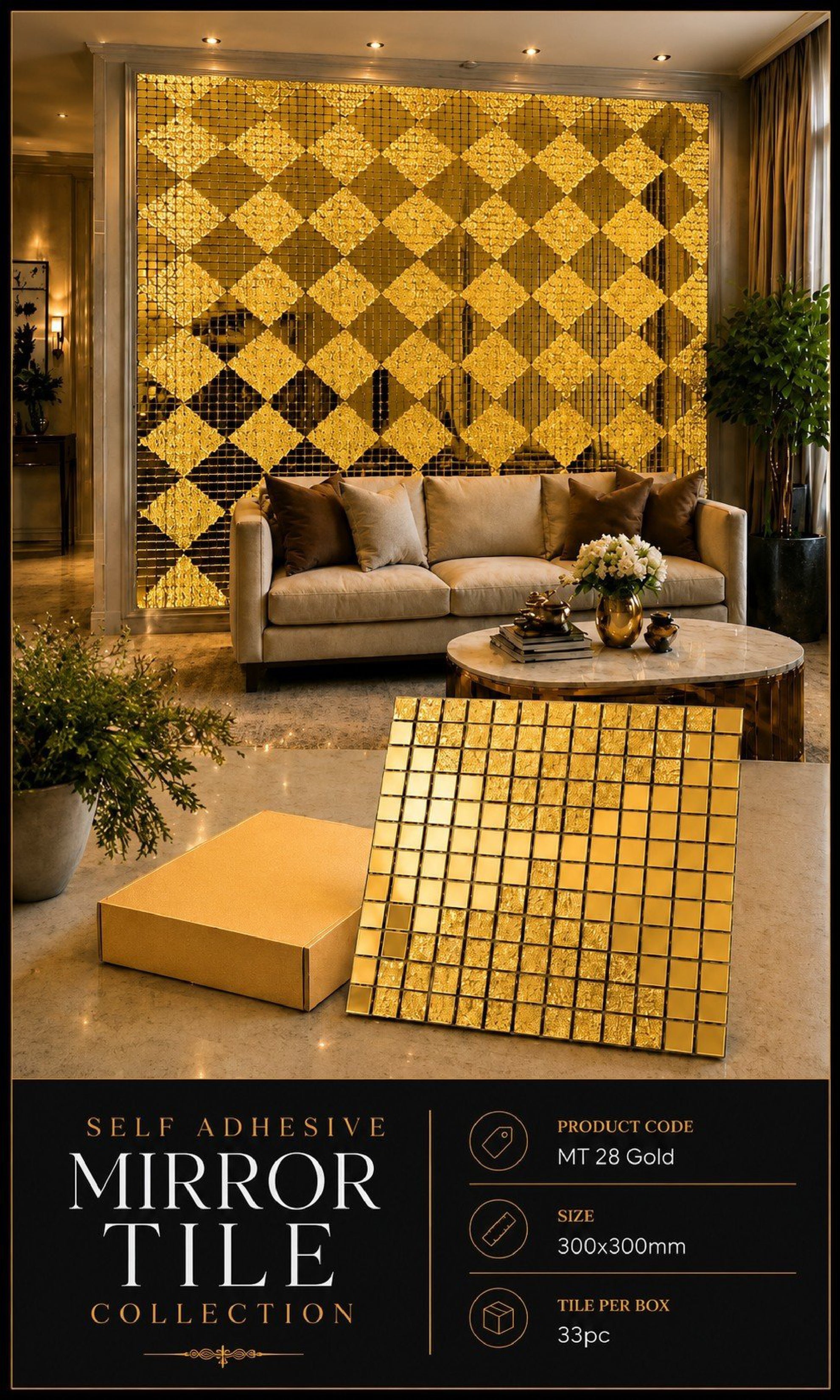 #MT28 GOLD Designer Glossy Gold Mosaic Tile (Min 33 pcs)