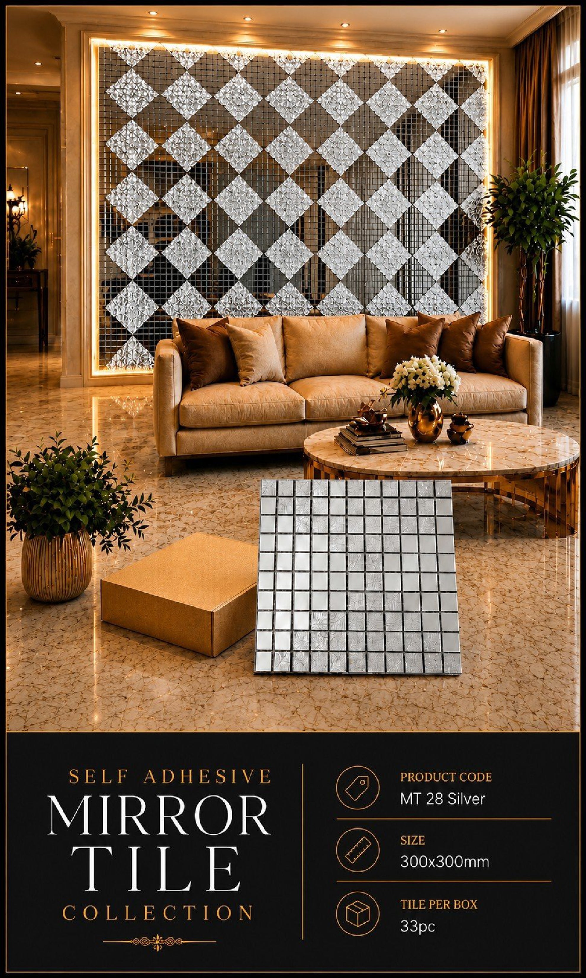 #MT28 SILVER Designer Glossy Silver Mosaic Mirror Glass Tile (Min 33 pcs)