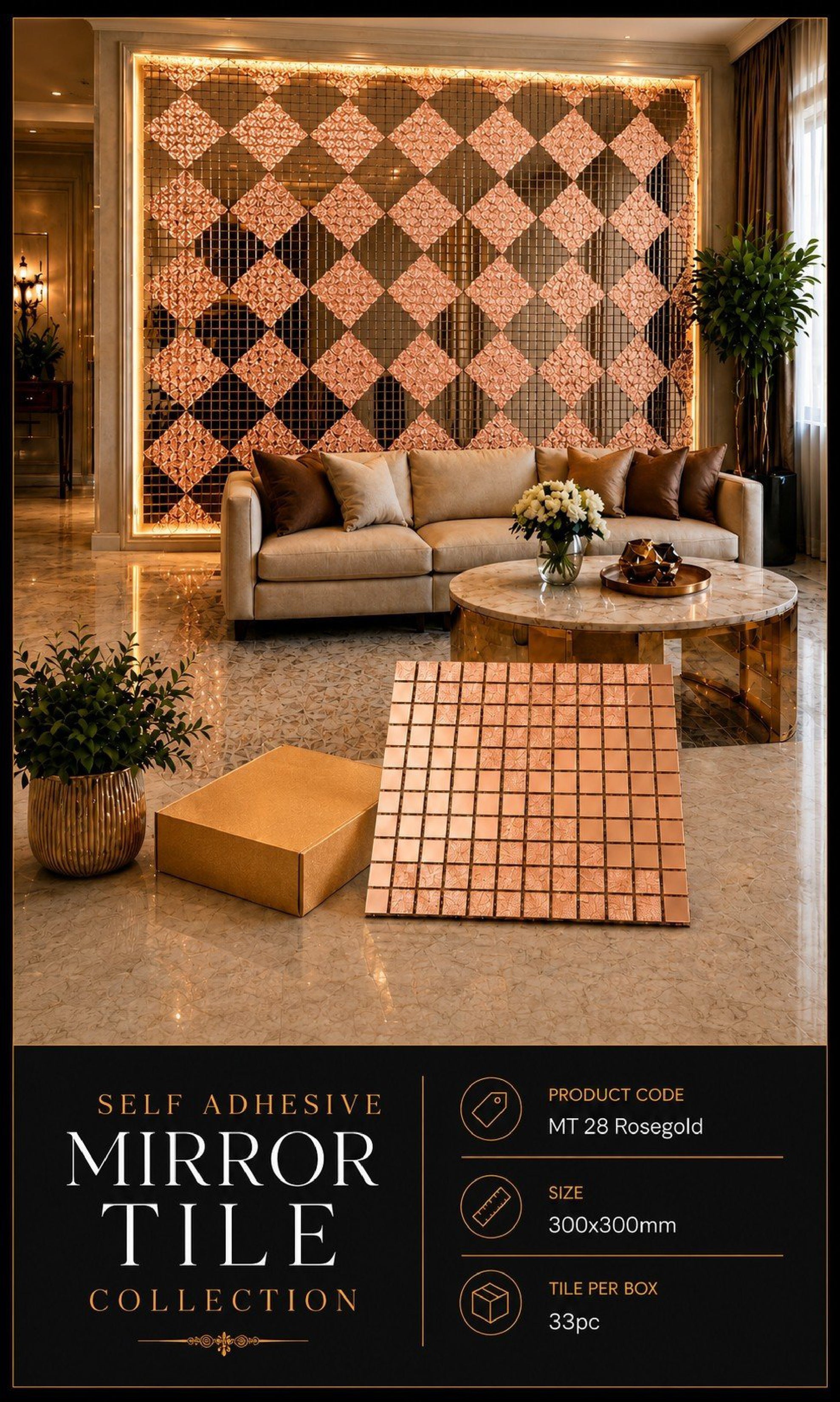 #MT28 ROSE GOLD Designer Glossy Rose Gold Mosaic Mirror Glass Tile (Min 33 pcs)