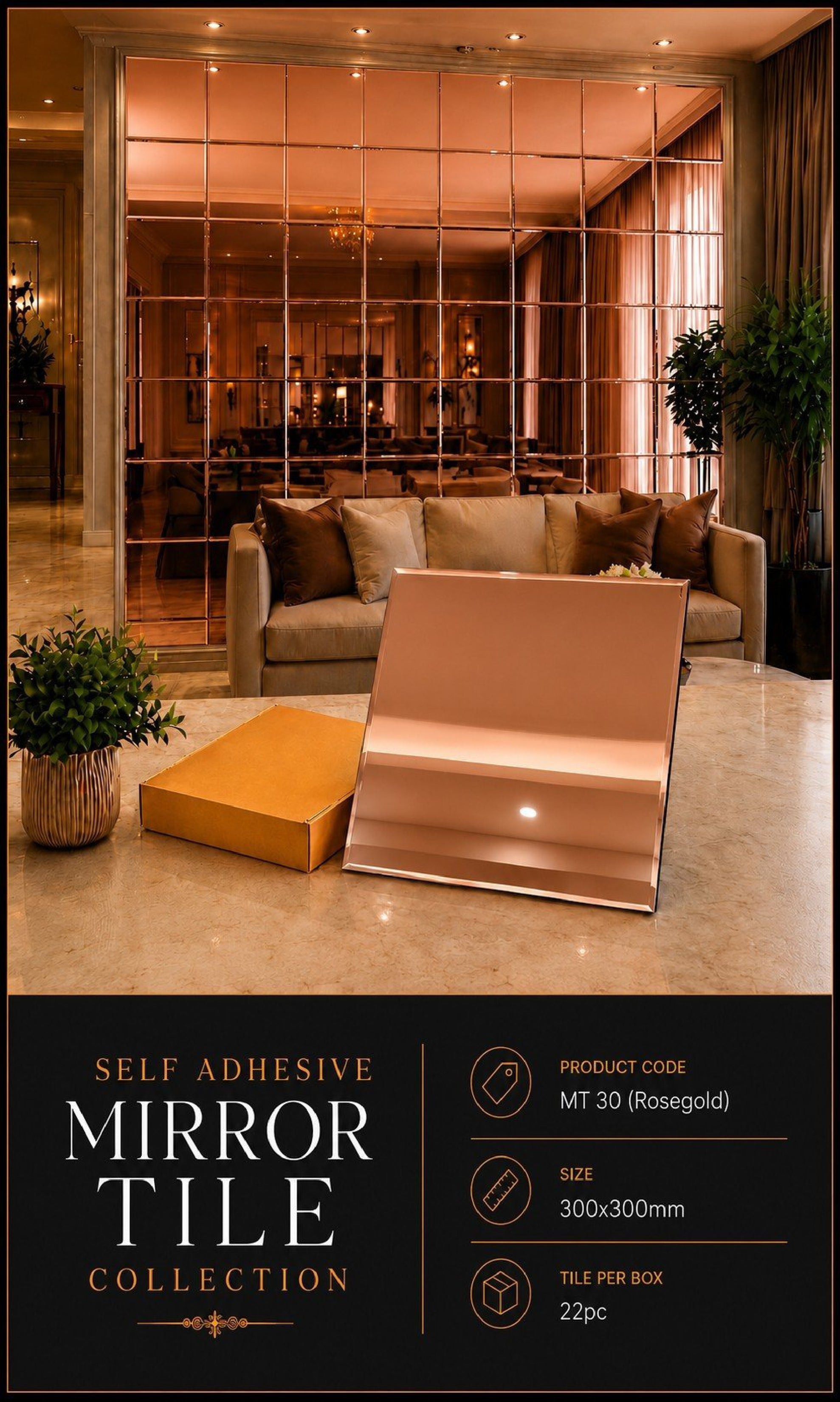#MT30 ROSE GOLD Exclusive Glass Mosaic Mirror Tile (Min 22 pcs)