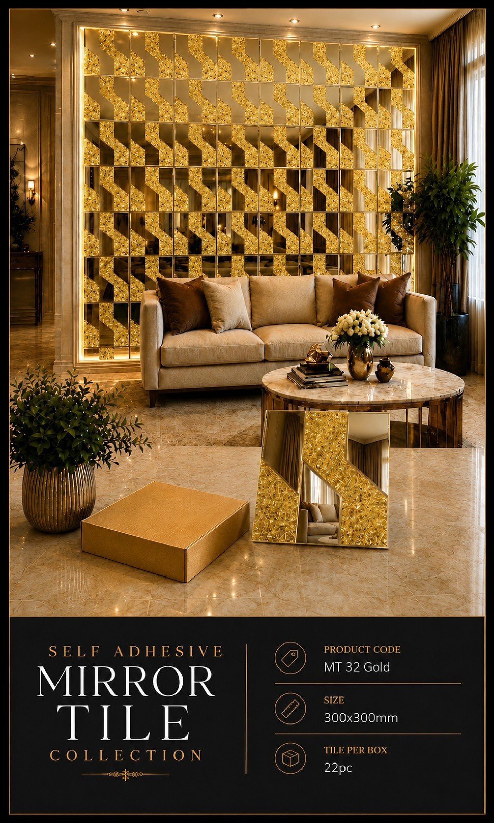 #MT32 Gold Exclusive Mirror Glass Mosaic Tile Gold (Min 22 pcs)