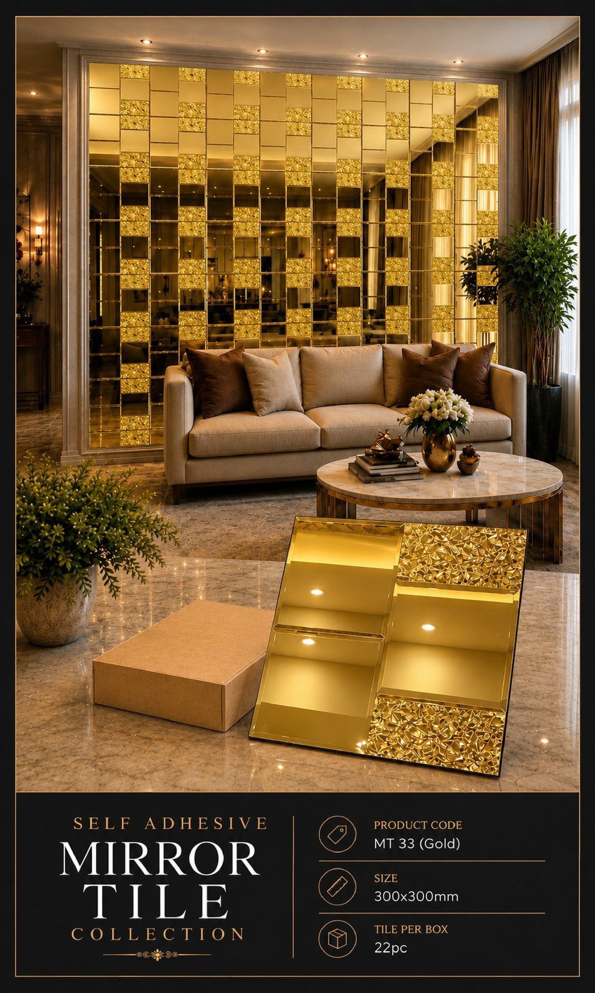 #MT33 GOLD Exclusive Mirror Glass Mosaic Tile Gold (Min 22 pcs)