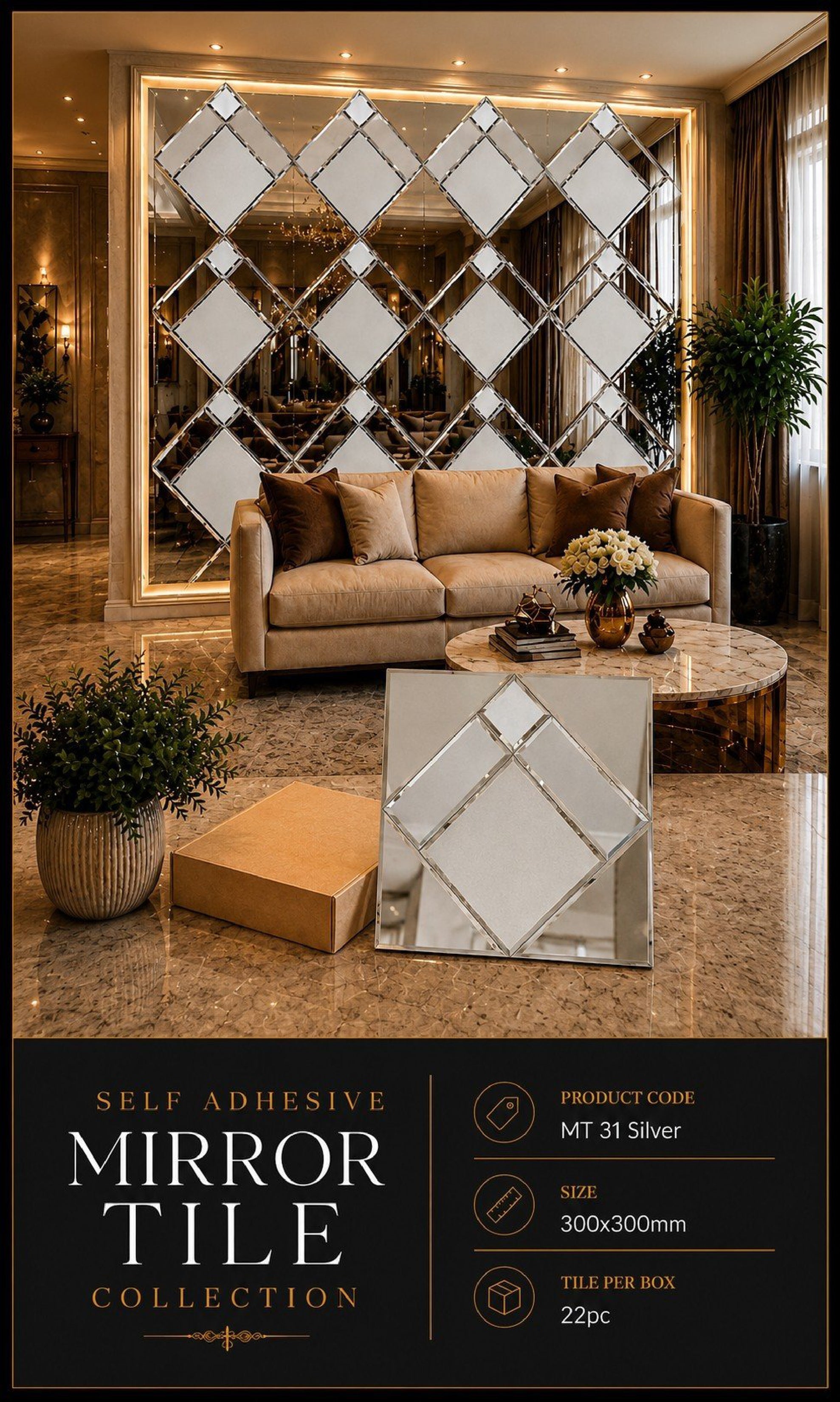 #MT31 Silver Reflective Glass Mirror Mosaic Tile (Min 22Pcs) (1 Tile Coverage Area 1 Sq Ft)