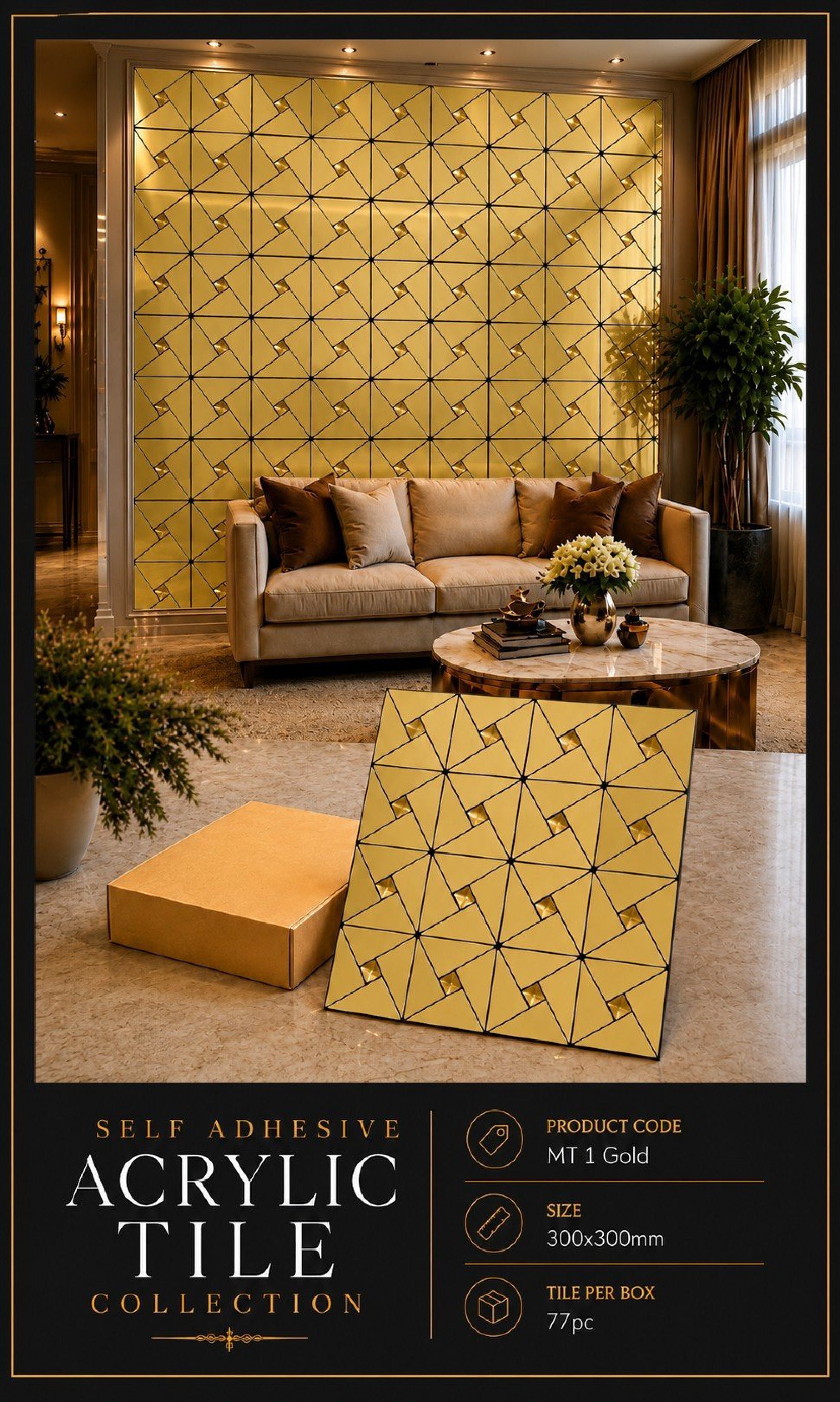 #MT01 Golden Decorative Acrylic Mosaic Tile (1 Box of 77Pcs) (1 Tile Coverage Area 1 Sq Ft)