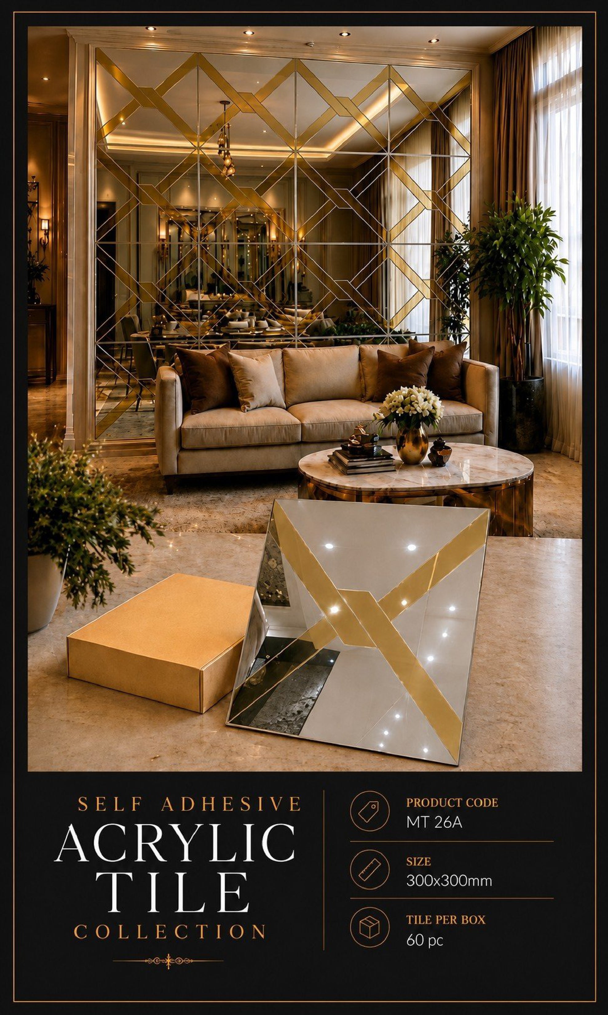 #MT26A (Acrylic) Silver & Golden Self-Adhesive Acrylic Mirror Mosaic Tile (Box of 60pcs) (1 Tile Coverage Area 1 Sq Ft)