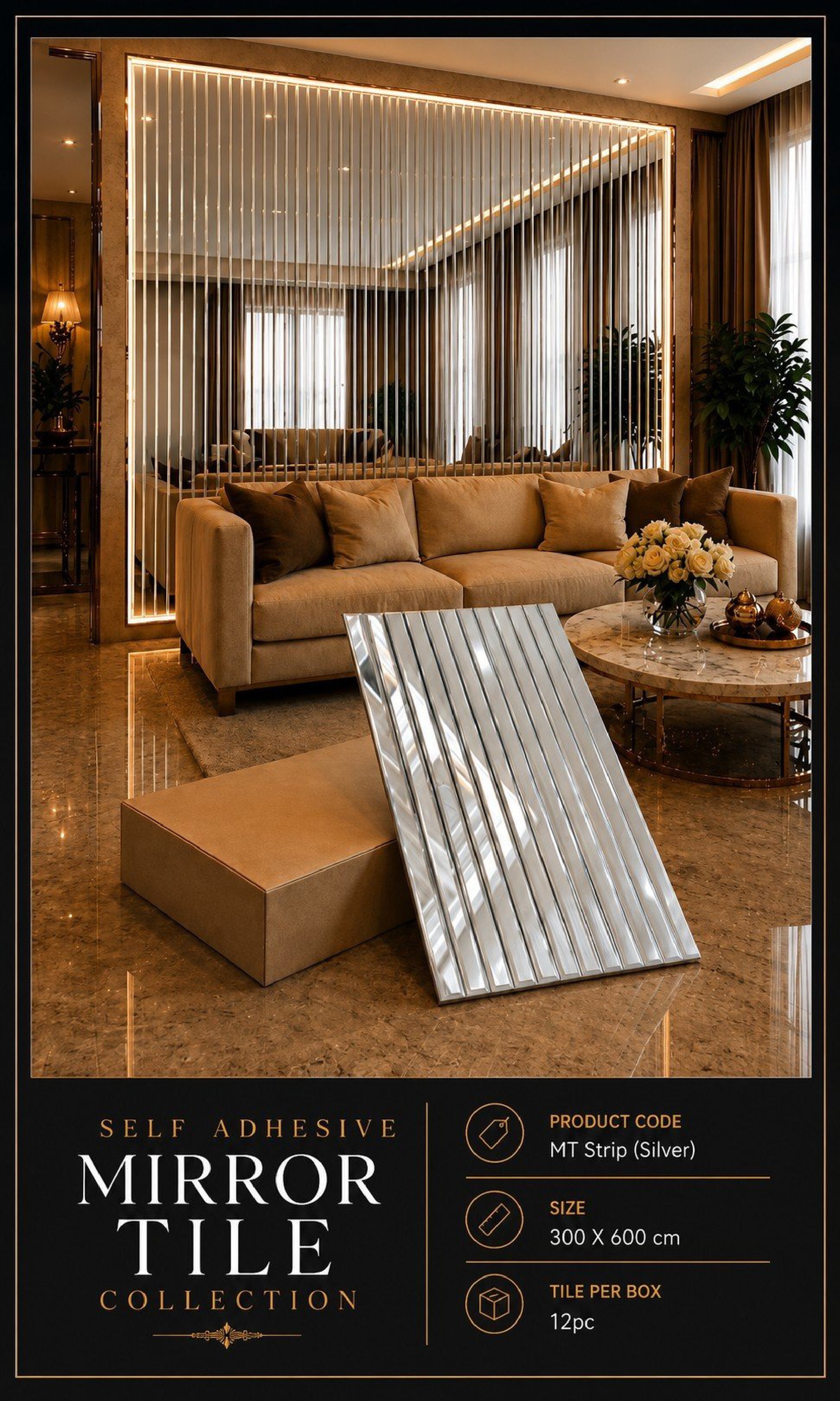Mt Strip Silver - Self adhesive Mosaic Fluted Mirror Panels (Min 12PCS) (Size 12x24 inches)