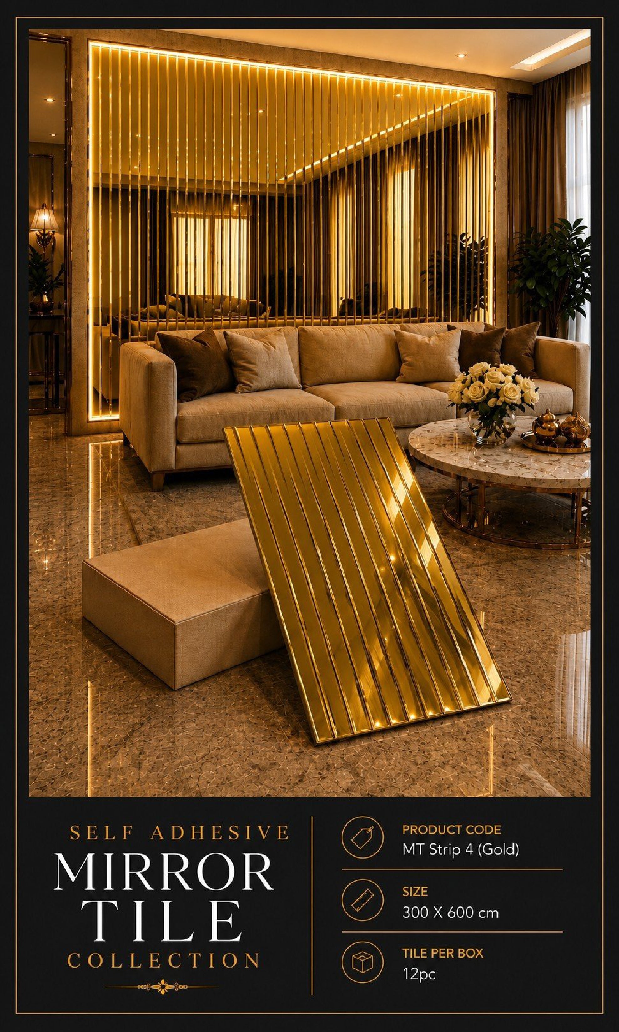 mtstrip-Self adhesive Mosaic Fluted Mirror Panel (Min 12PCS) (Size 12x24 inches)