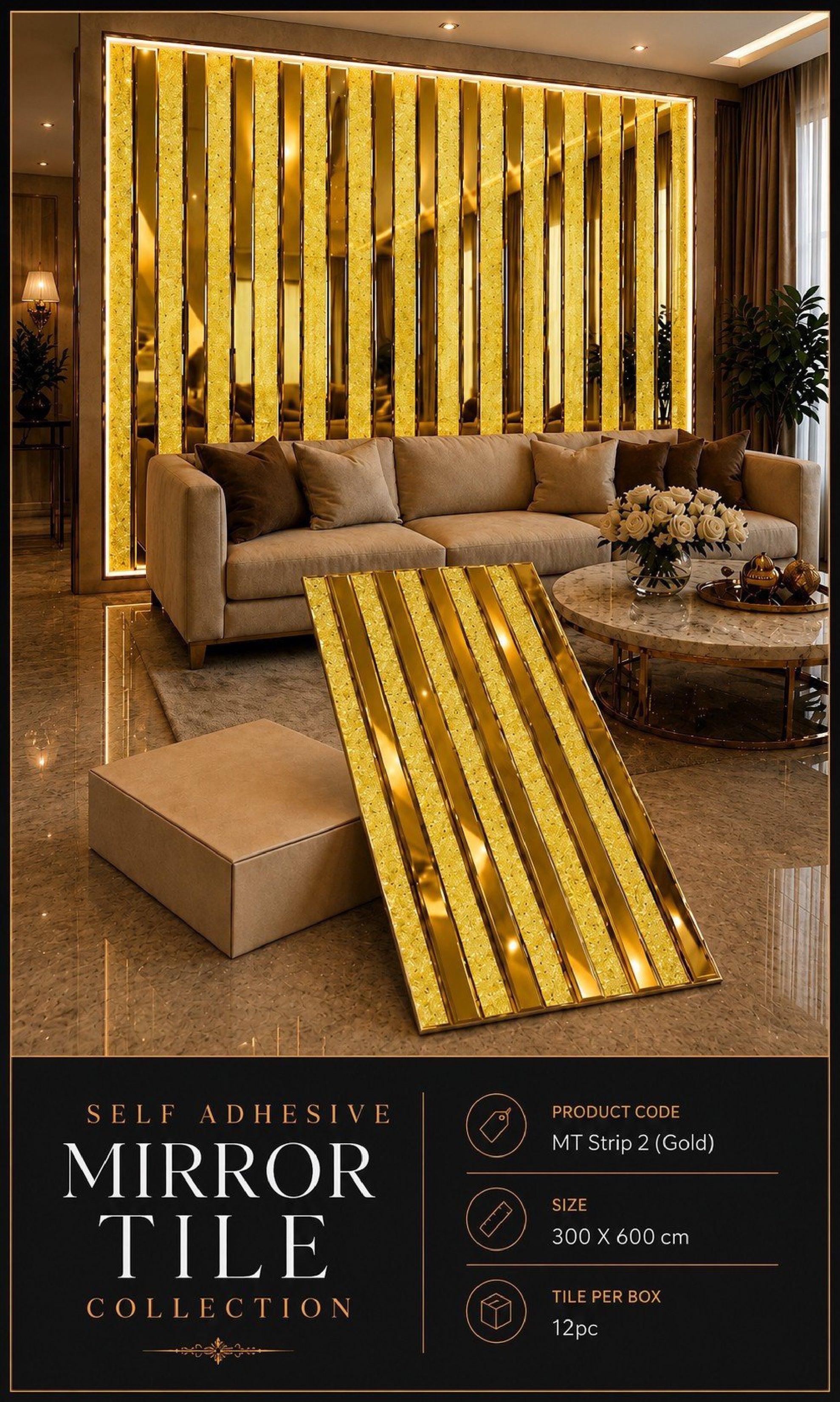 mtstrip2-Self adhesive Mosaic Golden Fluted Mirror Panels (Min 12PCS) (Size 12x24 inches)