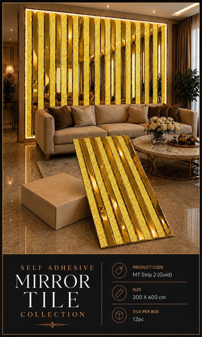 mtstrip2-Self adhesive Mosaic Golden Fluted Mirror Panels (Min 12PCS) (Size 12x24 inches)