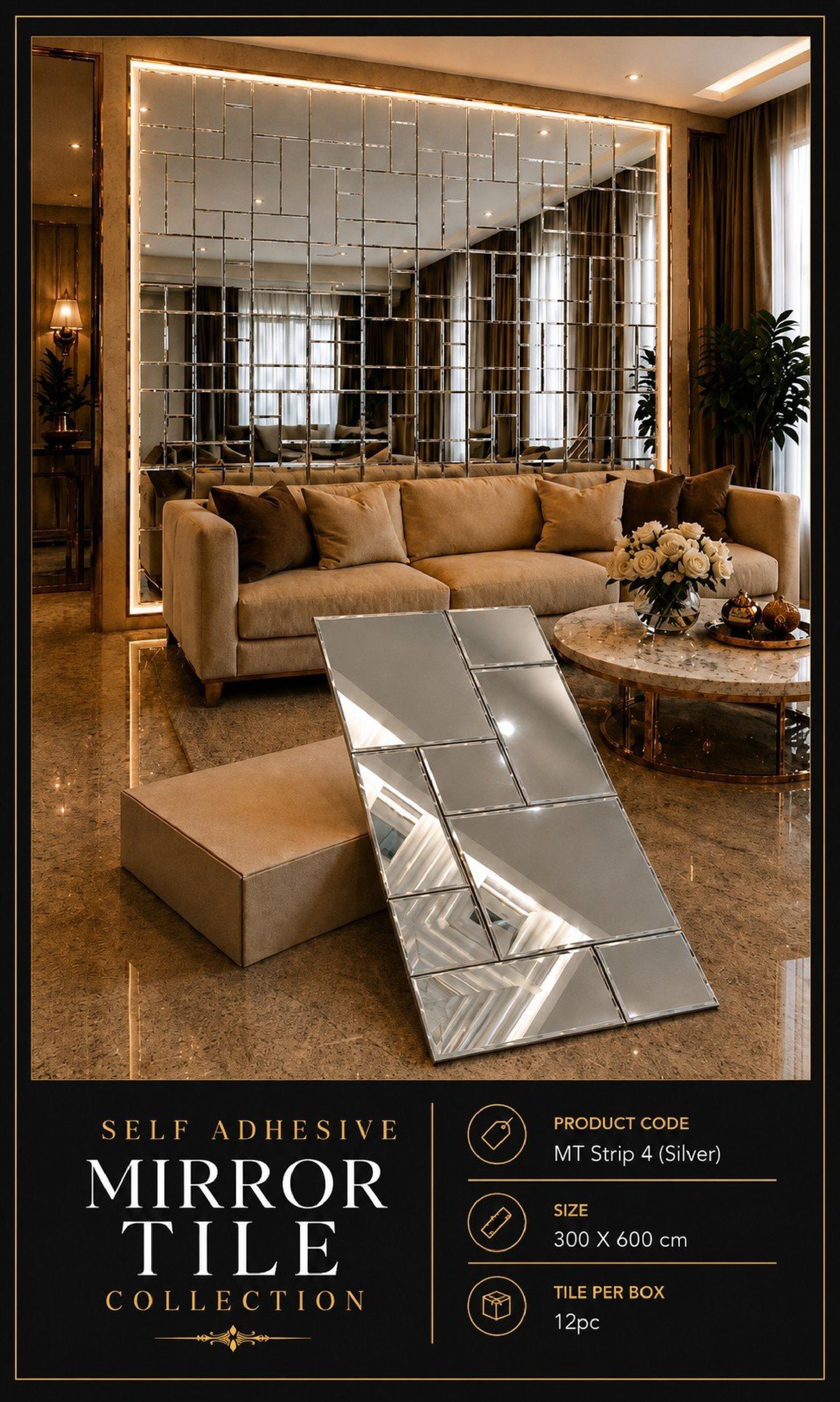 MTstrip4-Self adhesive Mosaic Fluted Mirror Panel (Min 12PCS) (Size 12x24 inches)
