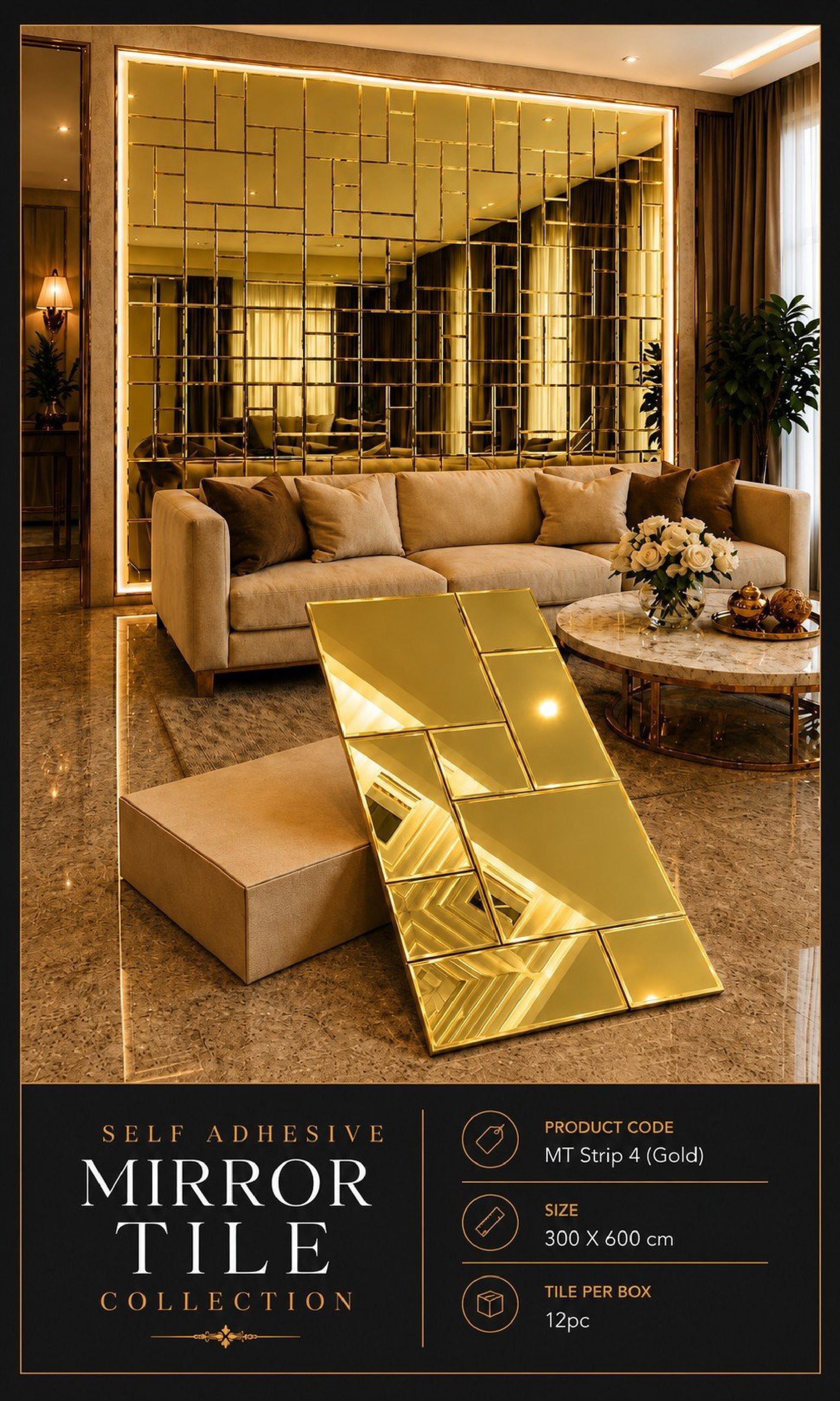 MTstrip4-Self adhesive Mosaic Fluted Mirror Panel (Min 12PCS) (Size 12x24 inches)