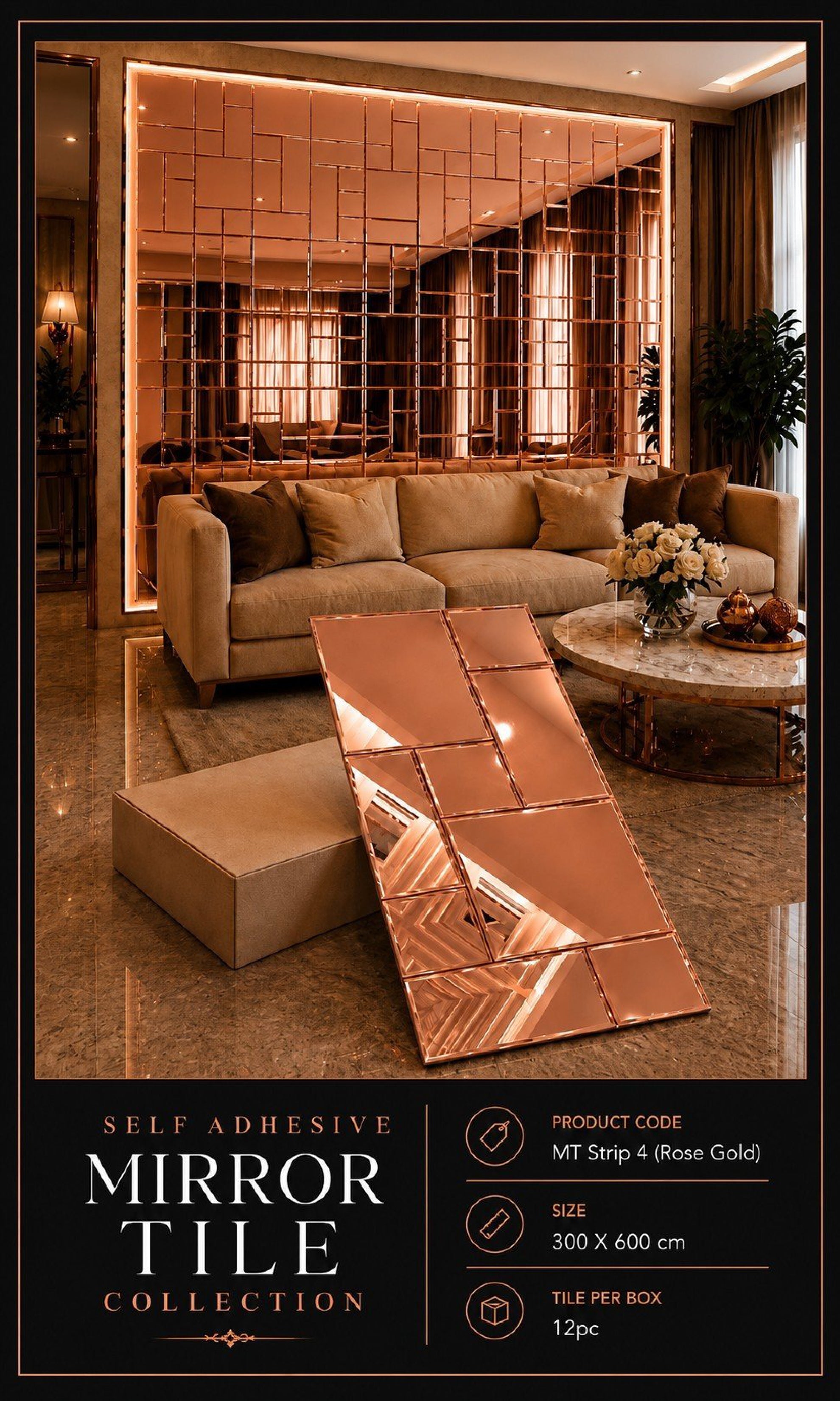 MTstrip4-Self adhesive Mosaic Fluted Mirror Panel (Min 12PCS) (Size 12x24 inches)